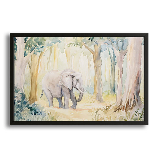 Elephant Watercolor Forest Art — watercolor canvas print in white tones, with Premium Black frame on white background