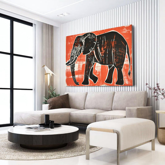 Elephant Woodcut Wall Art — 3d canvas print in orange tones, view 3