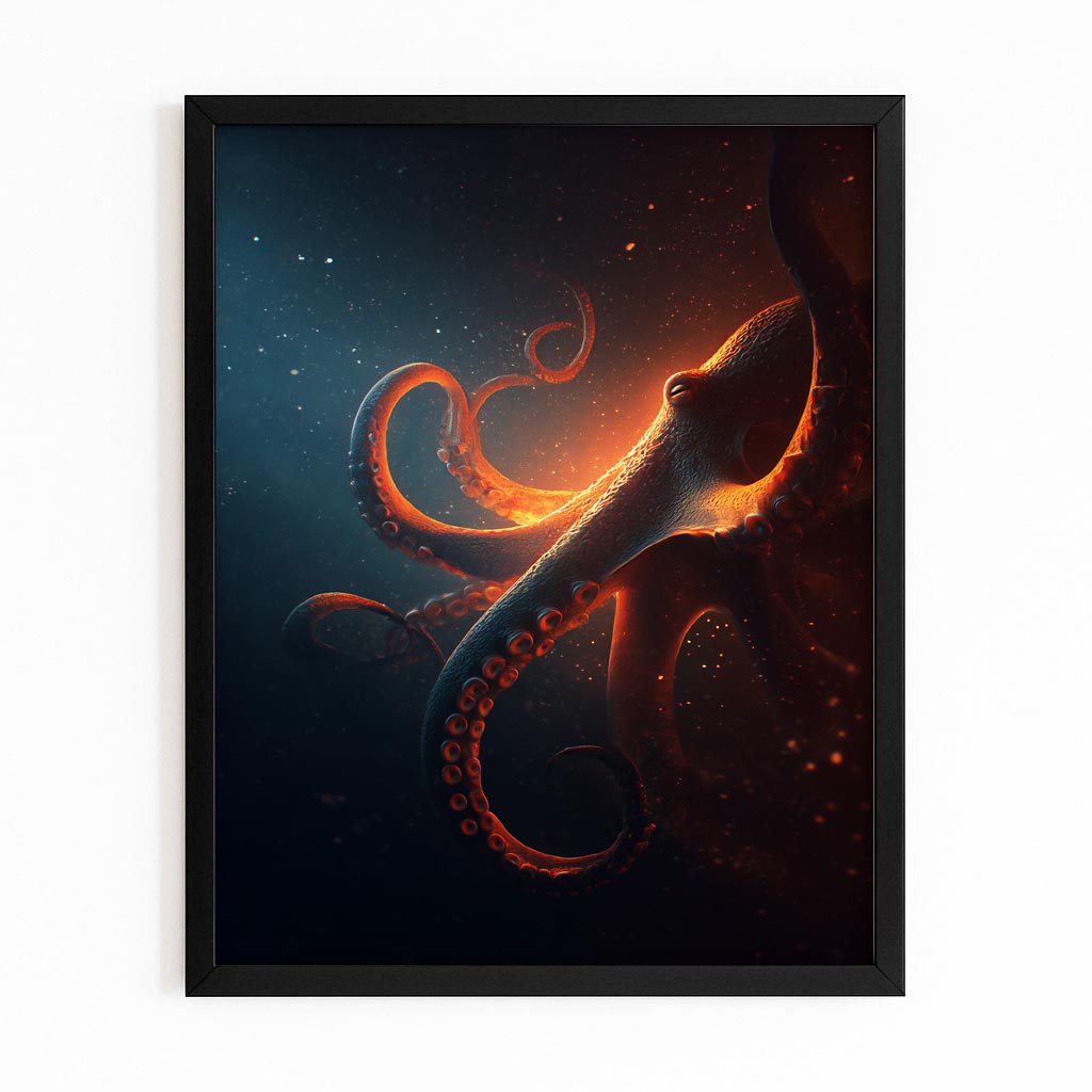 Ember Glow Deep Octopus Art – with Premium Black frame on white background