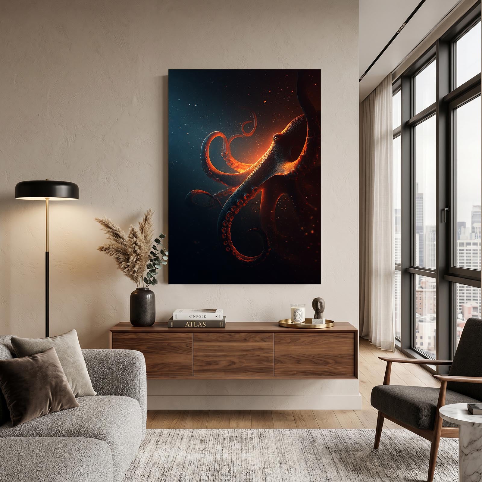 Ember Glow Deep Octopus Art – styled in a furnished interior