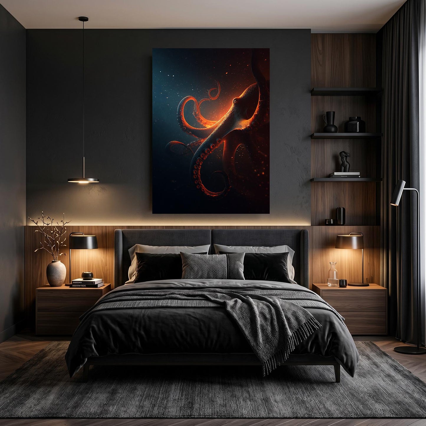Ember Glow Deep Octopus Art – styled in a furnished interior