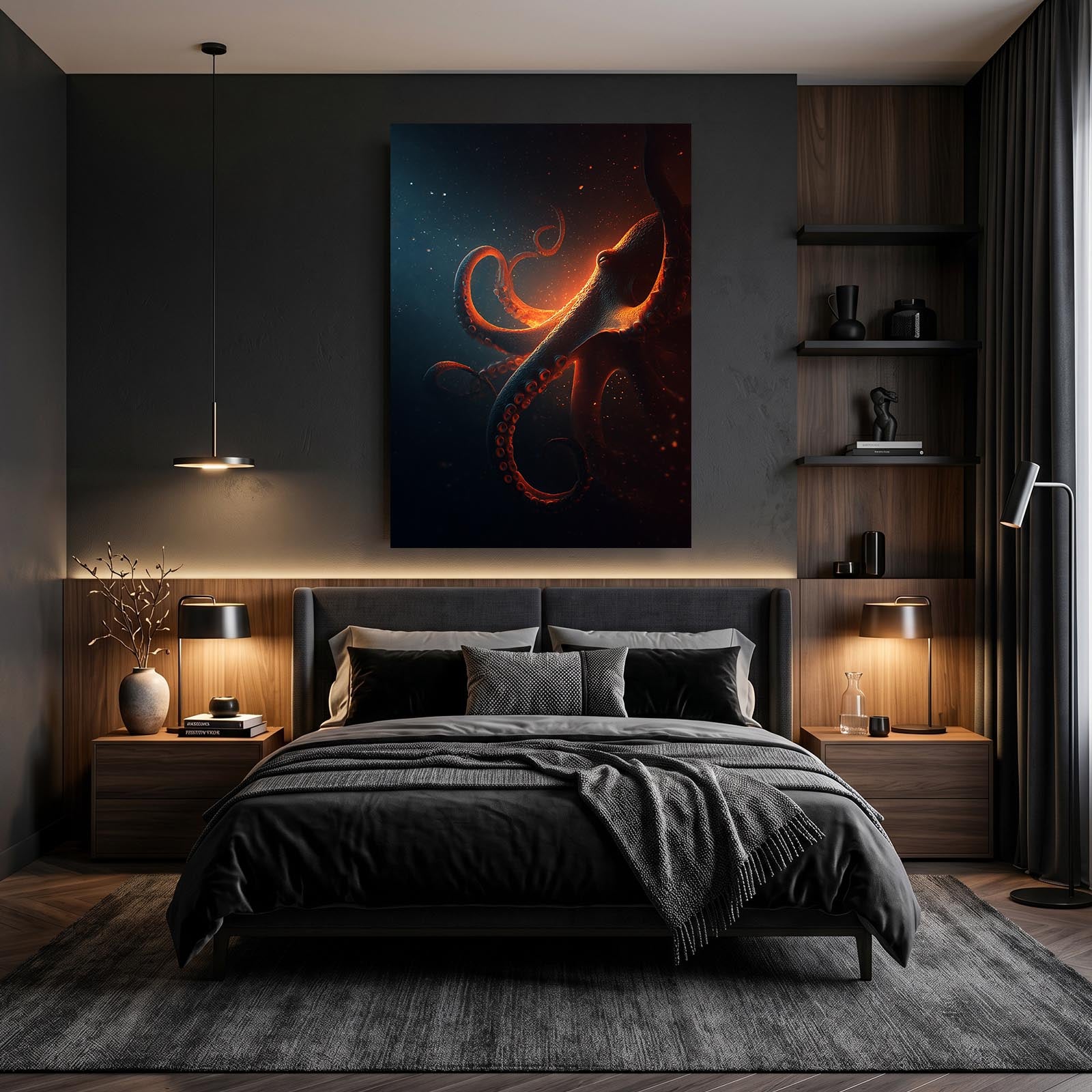 Ember Glow Deep Octopus Art – styled in a furnished interior