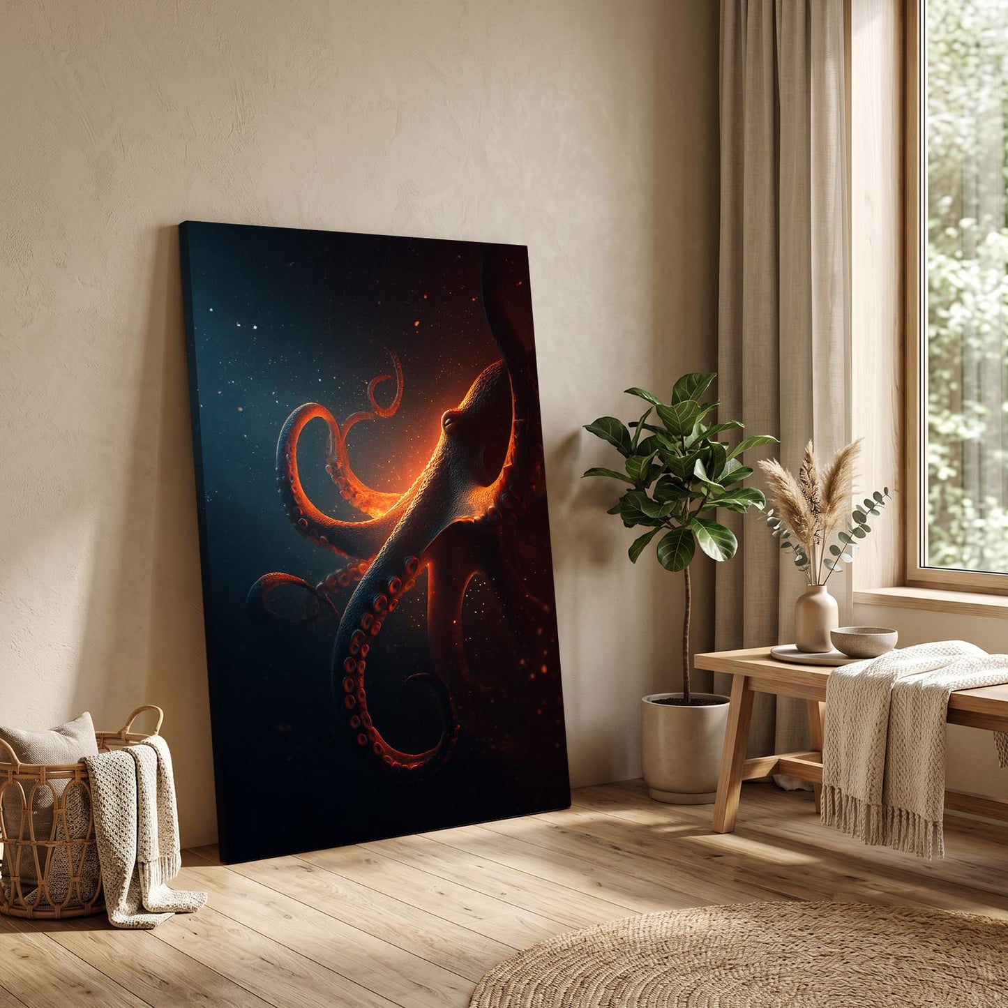 Ember Glow Deep Octopus Art – styled in a furnished interior