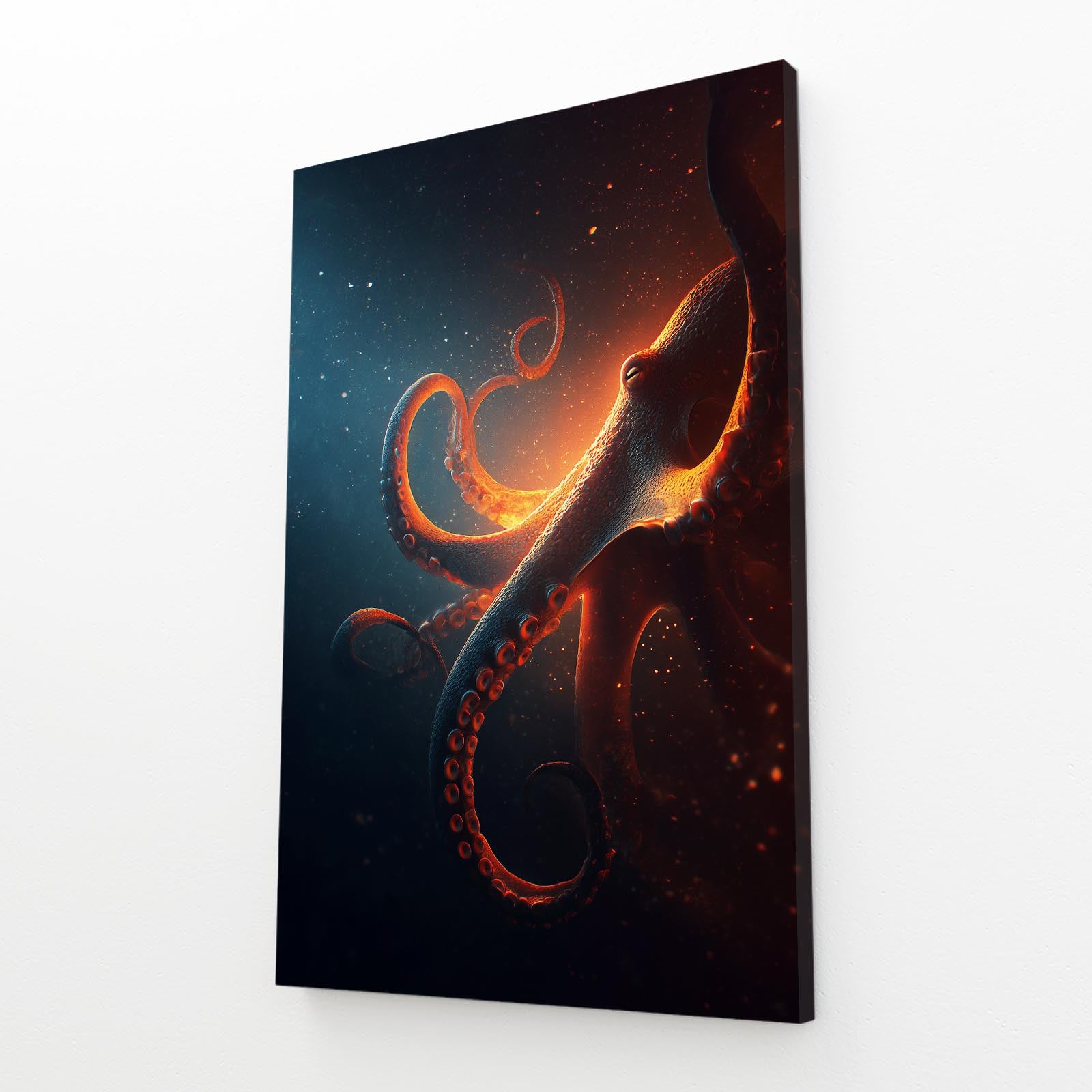 Ember Glow Deep Octopus Art – angled canvas view on white background