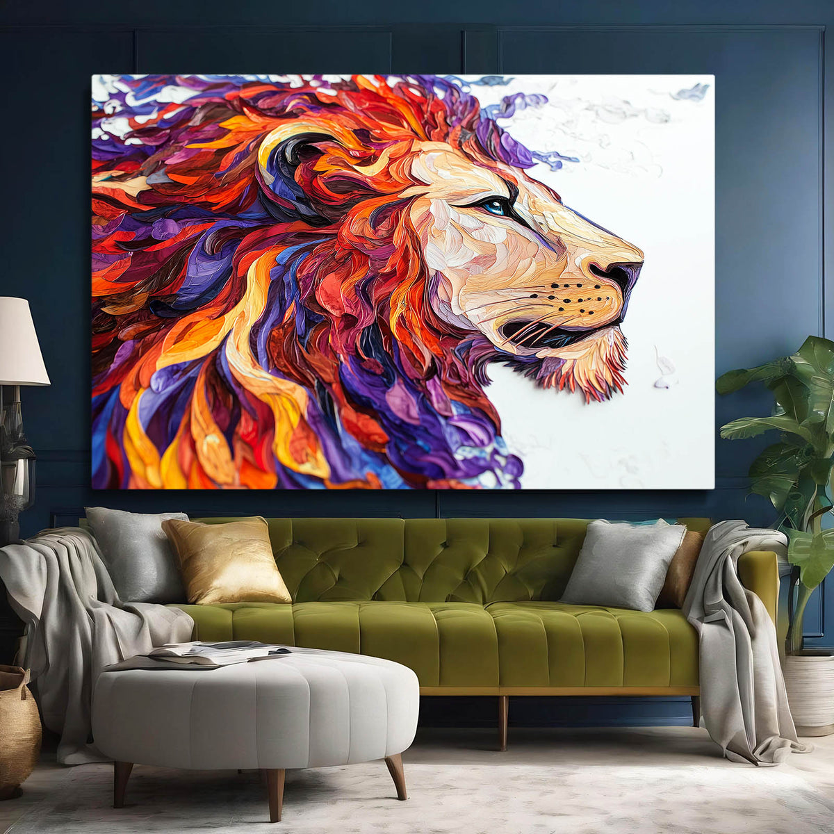 Ember Ink Profile Lion Canvas Art — contemporary canvas print, styled in a furnished interior