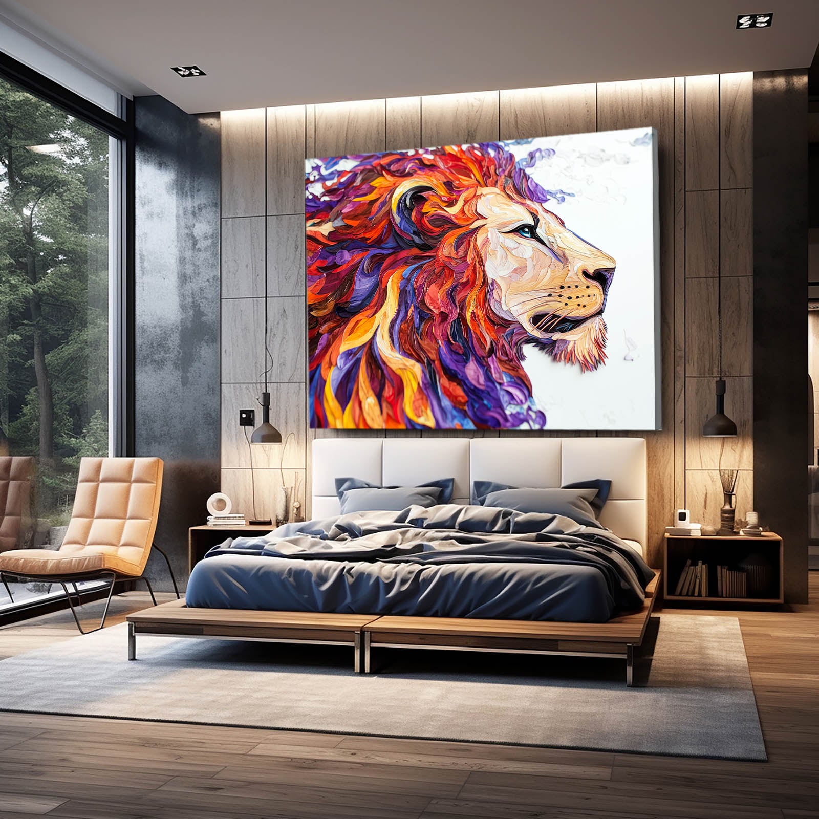 Ember Ink Profile Lion Canvas Art — contemporary canvas print, styled in a furnished interior