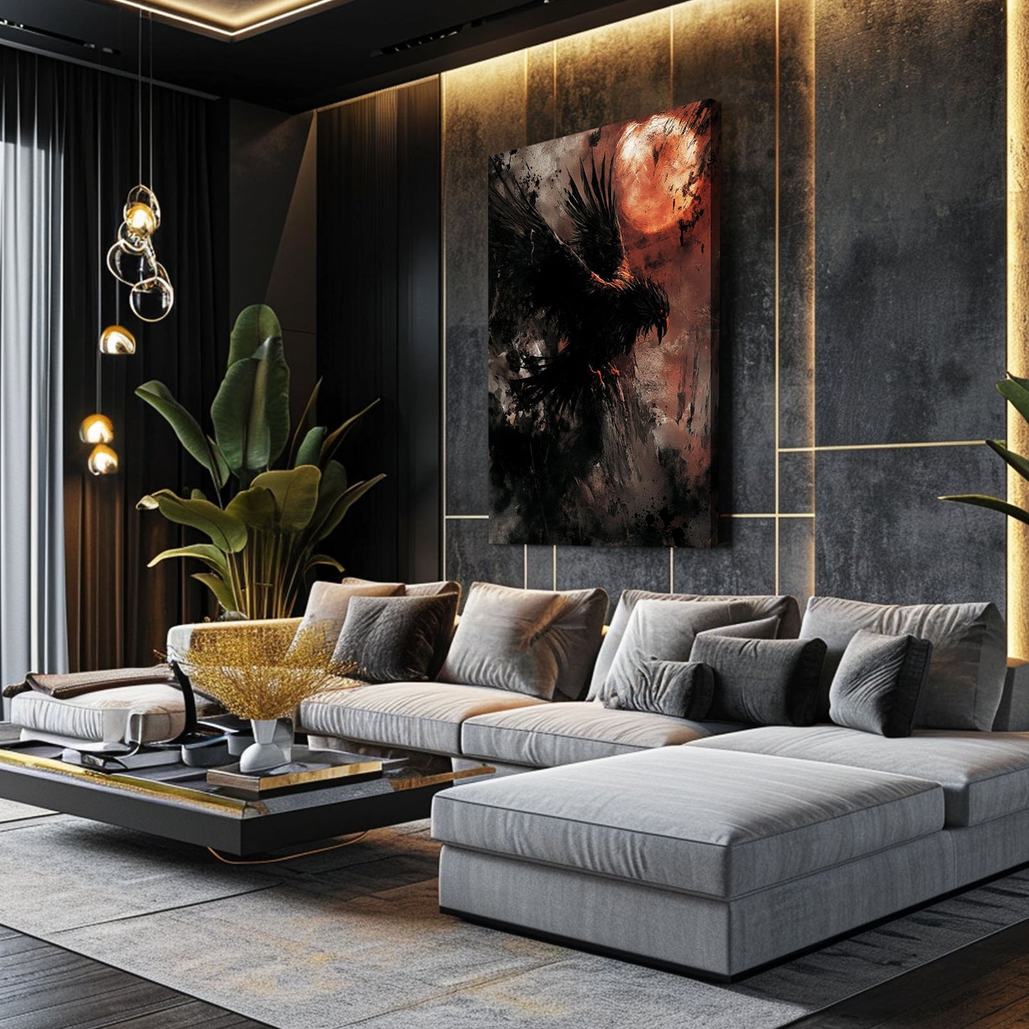 Ember Raven Storm Abstract Prints – styled in a furnished interior