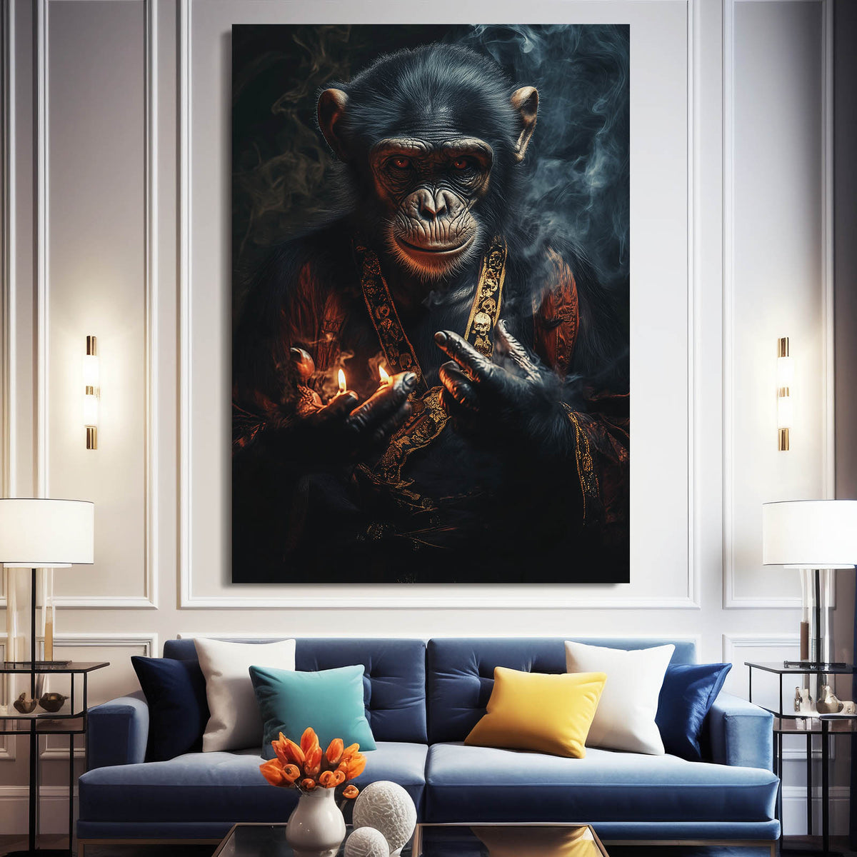 Ember Smoke Cigar Monkey Canvas — contemporary canvas print, styled in a furnished interior