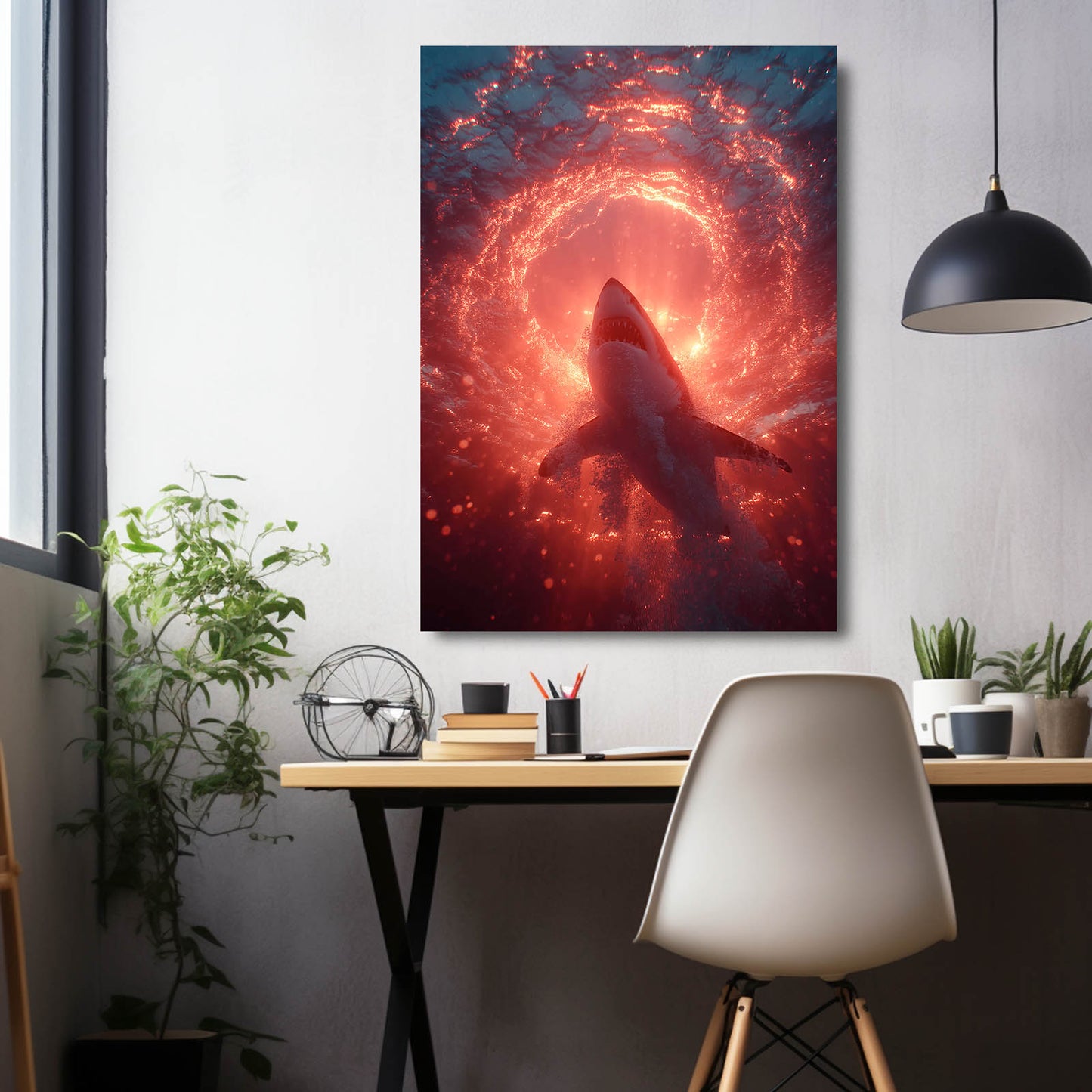 Ember Spiral Portal Shark Canvas Art – styled in a furnished interior