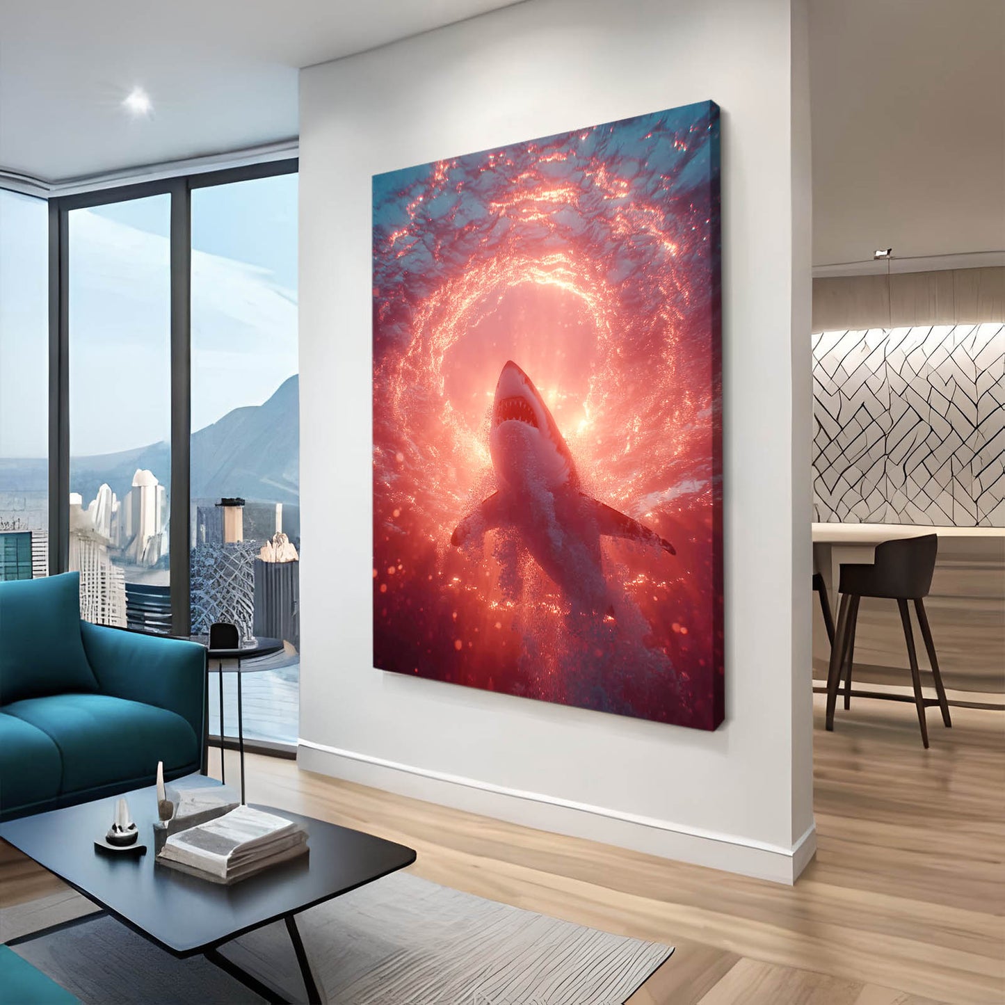 Ember Spiral Portal Shark Canvas Art – styled in a furnished interior