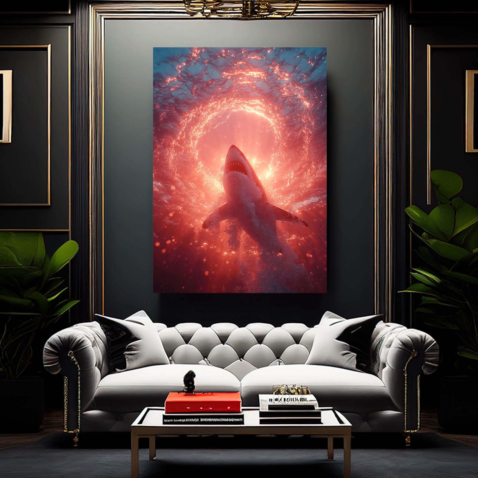 Ember Spiral Portal Shark Canvas Art – styled in a furnished interior