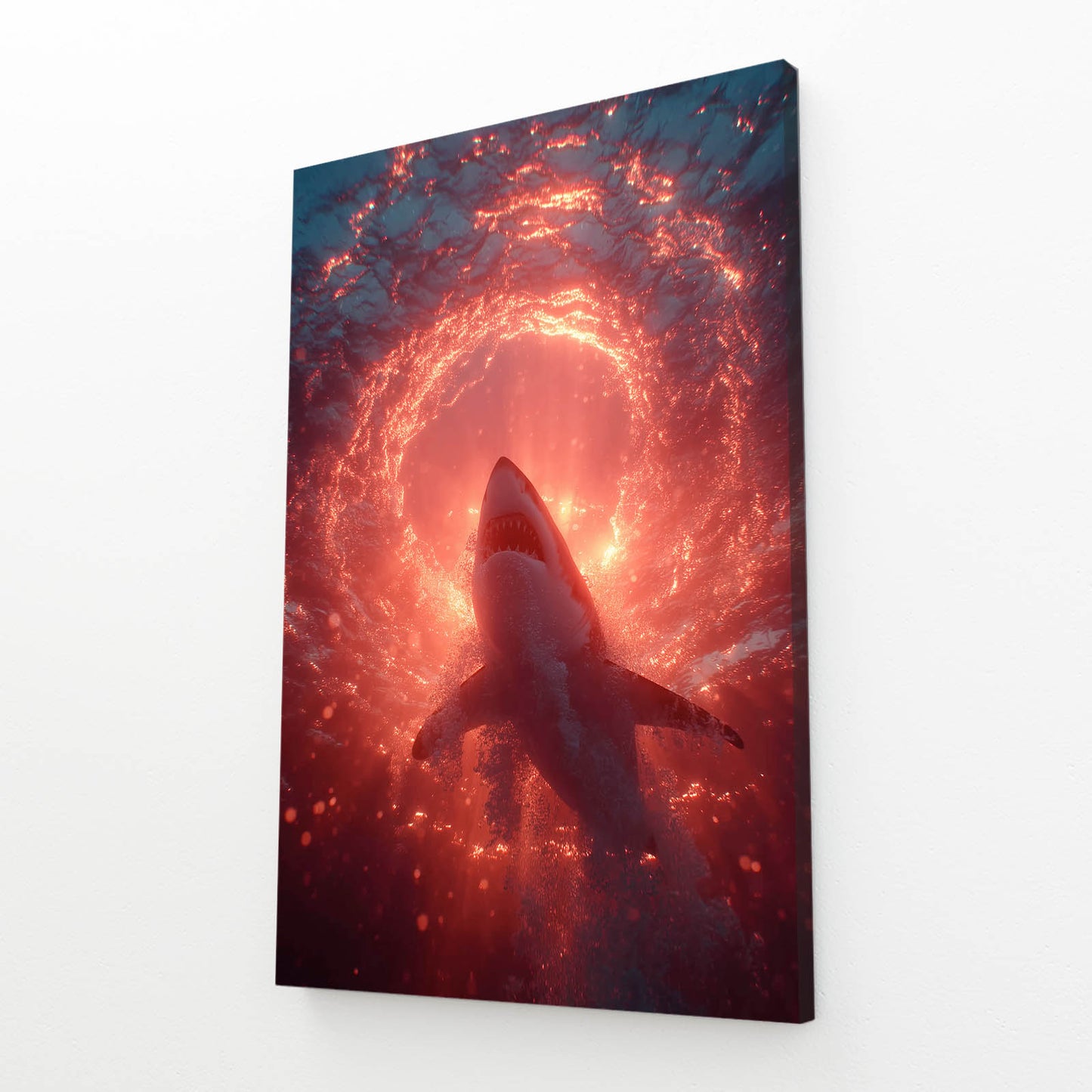 Ember Spiral Portal Shark Canvas Art – angled canvas view on white background