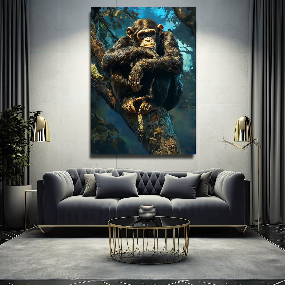 Emerald Canopy Perch Monkey Prints — realism canvas print, styled in a furnished interior