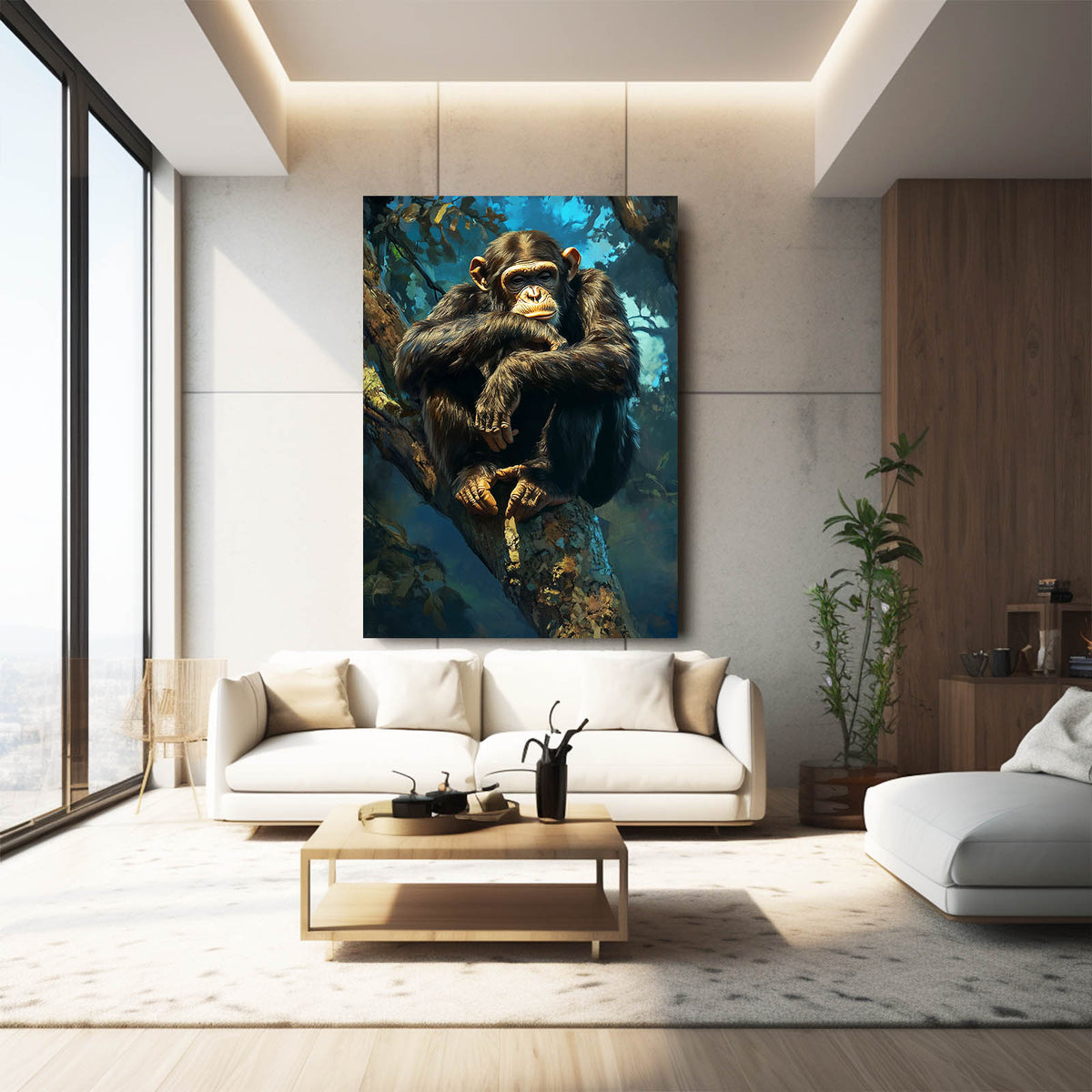 Emerald Canopy Perch Monkey Prints — realism canvas print, styled in a furnished interior