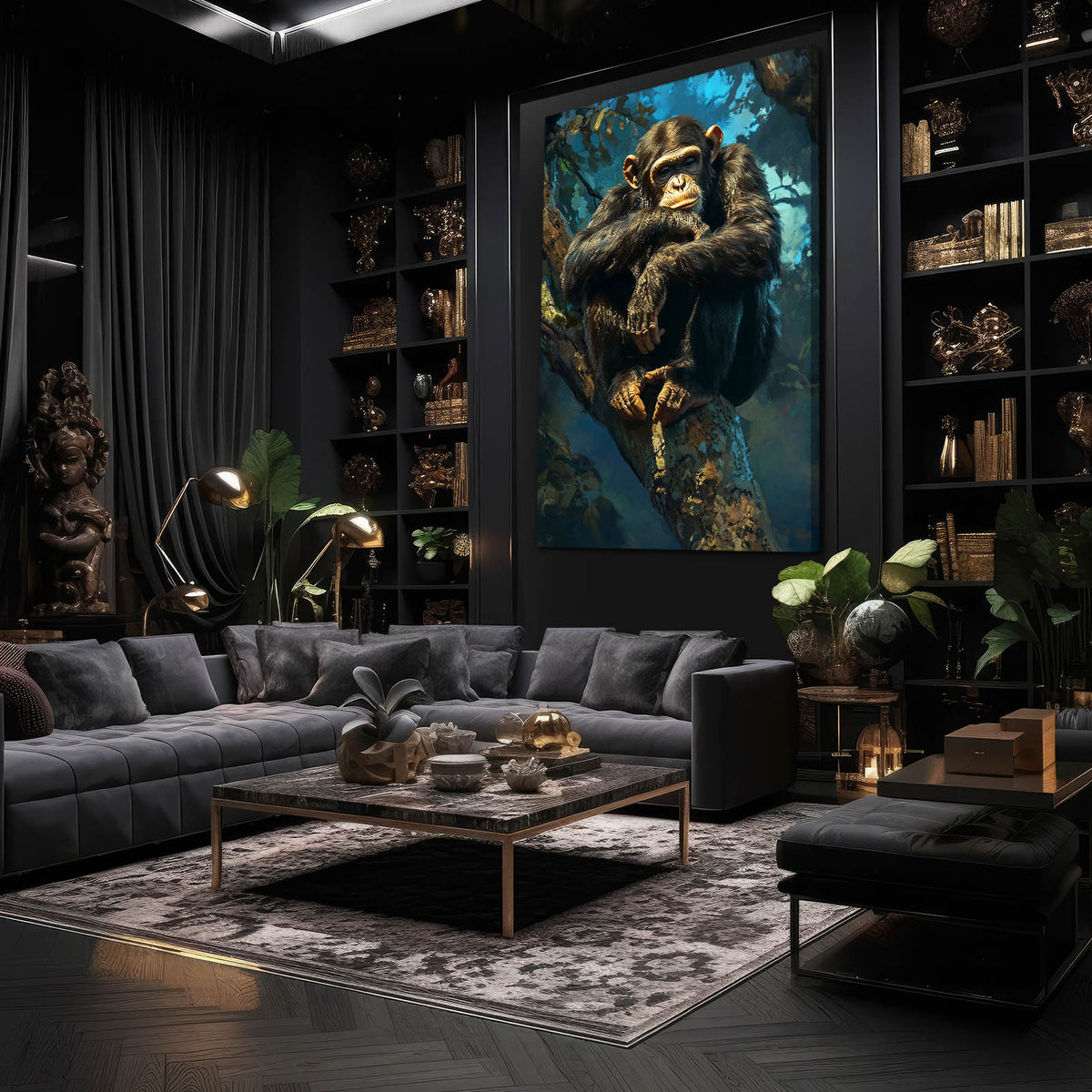 Emerald Canopy Perch Monkey Prints — realism canvas print, styled in a furnished interior