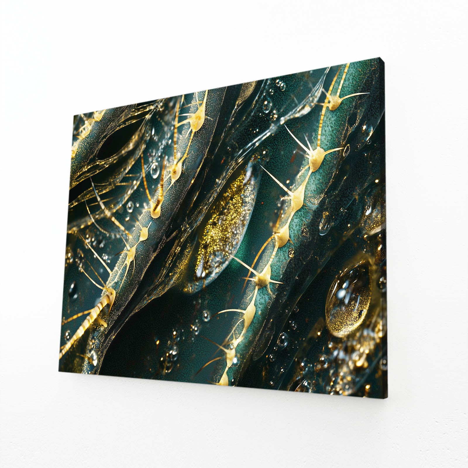 Emerald Dew Macro Cactus Prints – angled canvas view on white background
