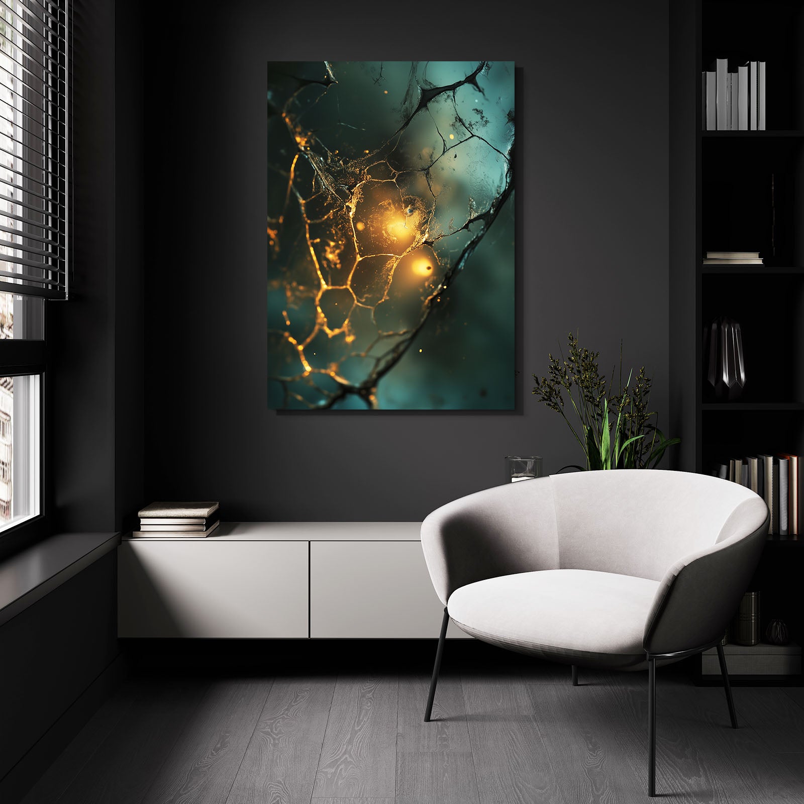 Emerald Ember Kintsugi Abstract Canvas Art – styled in a furnished interior