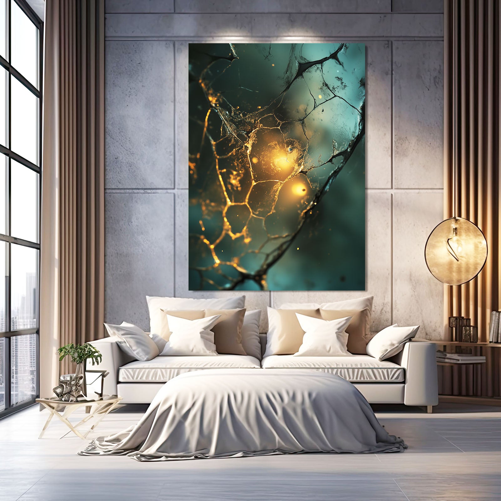 Emerald Ember Kintsugi Abstract Canvas Art – styled in a furnished interior
