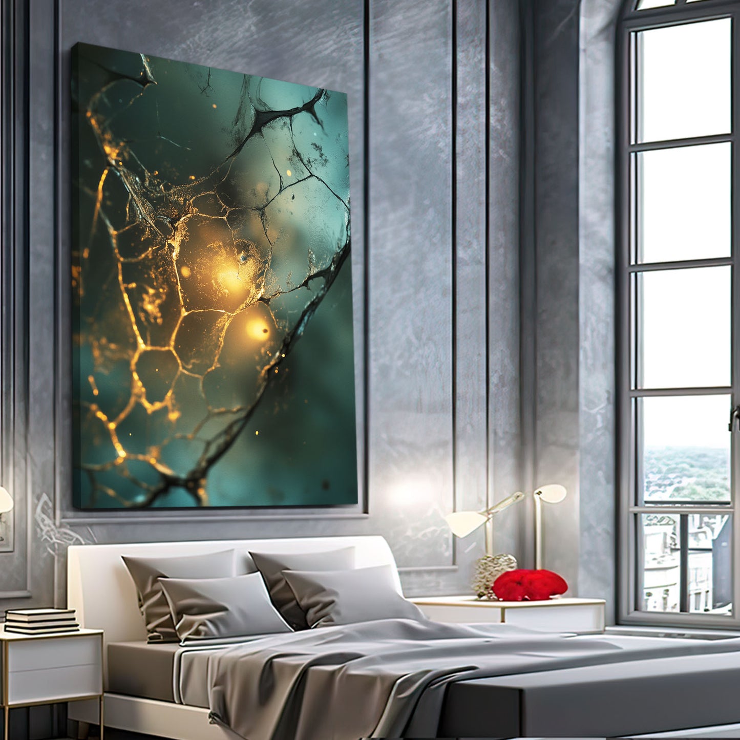 Emerald Ember Kintsugi Abstract Canvas Art – styled in a furnished interior