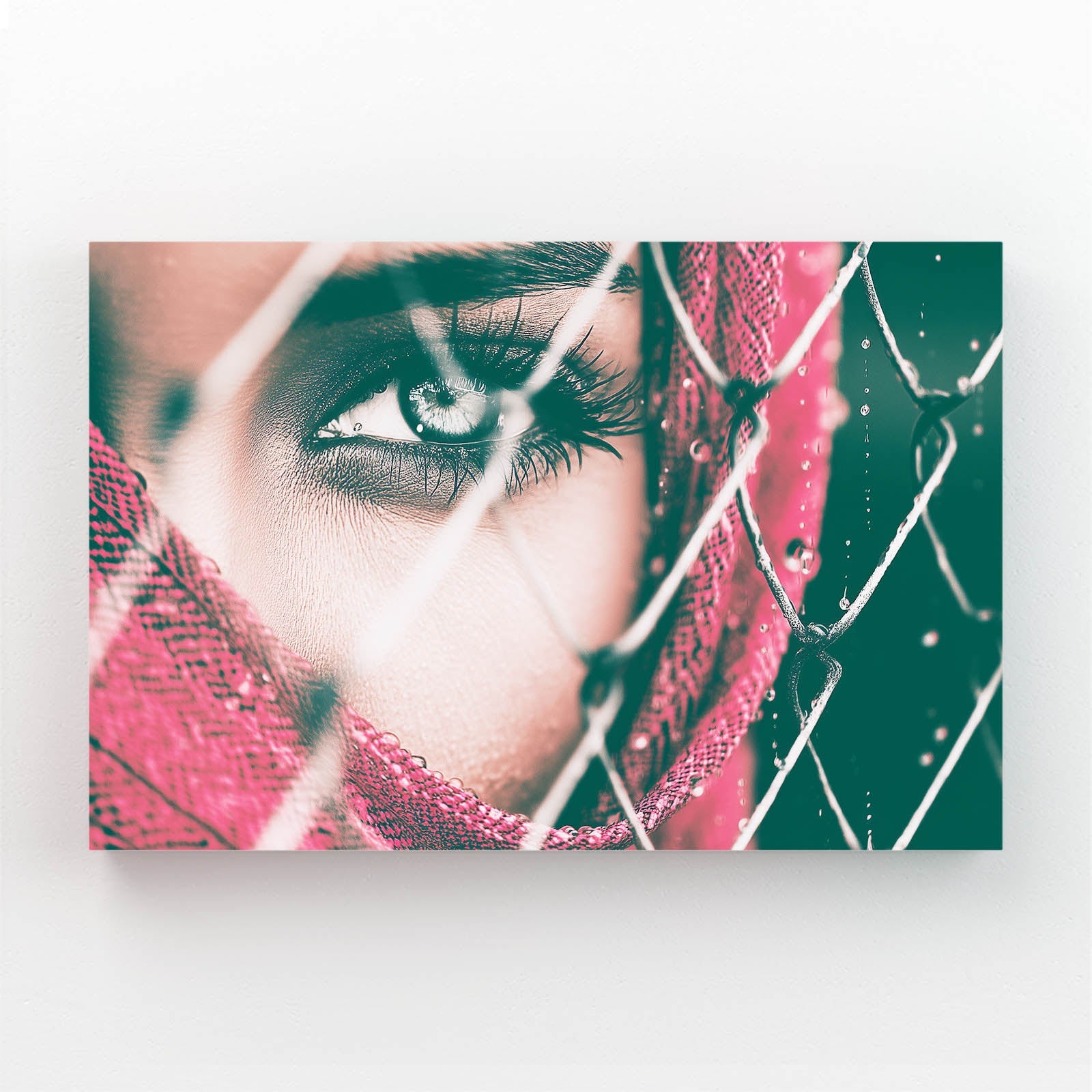 Emerald Eye Photography Print – close-up of a green eye behind a jeweled pink veil