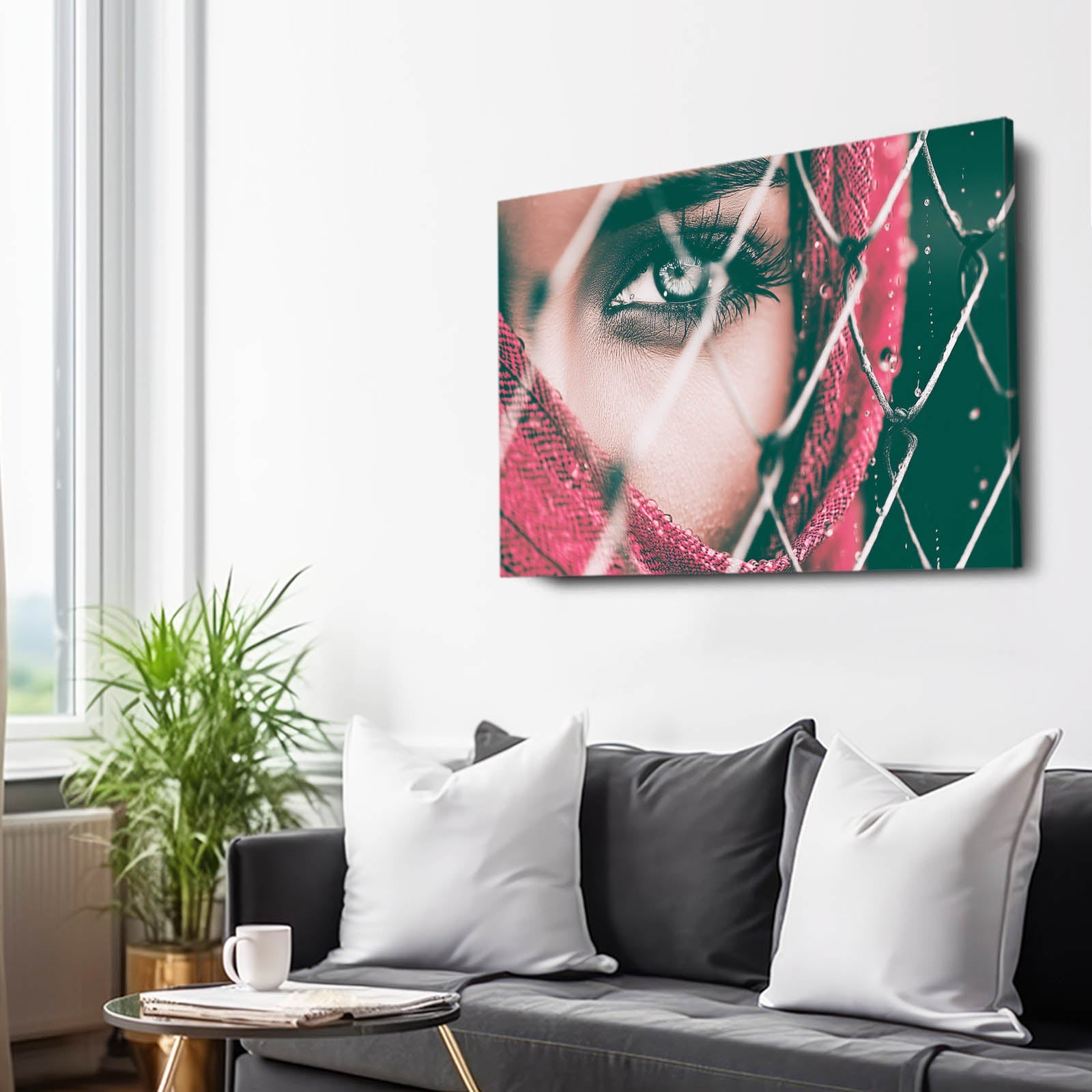 Emerald Eye Photography Print – above a grey couch in a bright living room