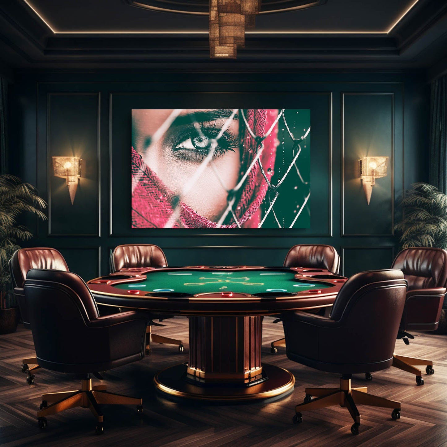 Emerald Eye Photography Print – in a dark green games room with leather chairs