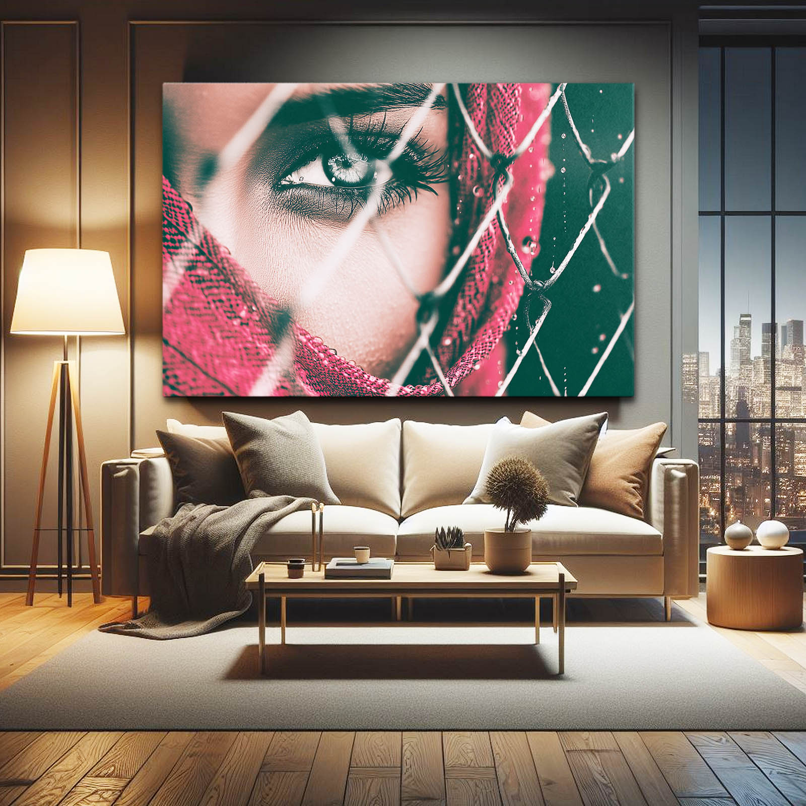 Emerald Eye Photography Print – above a beige sofa in a warm lamp-lit lounge