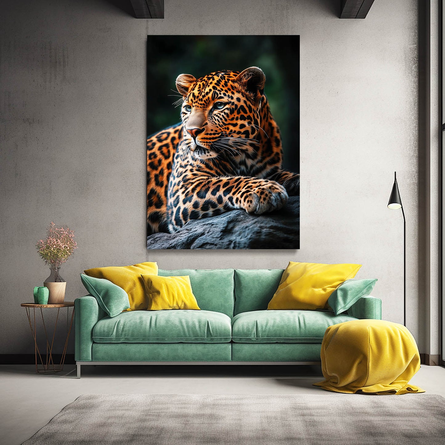 Emerald Foliage Rest Leopard Prints – styled in a furnished interior