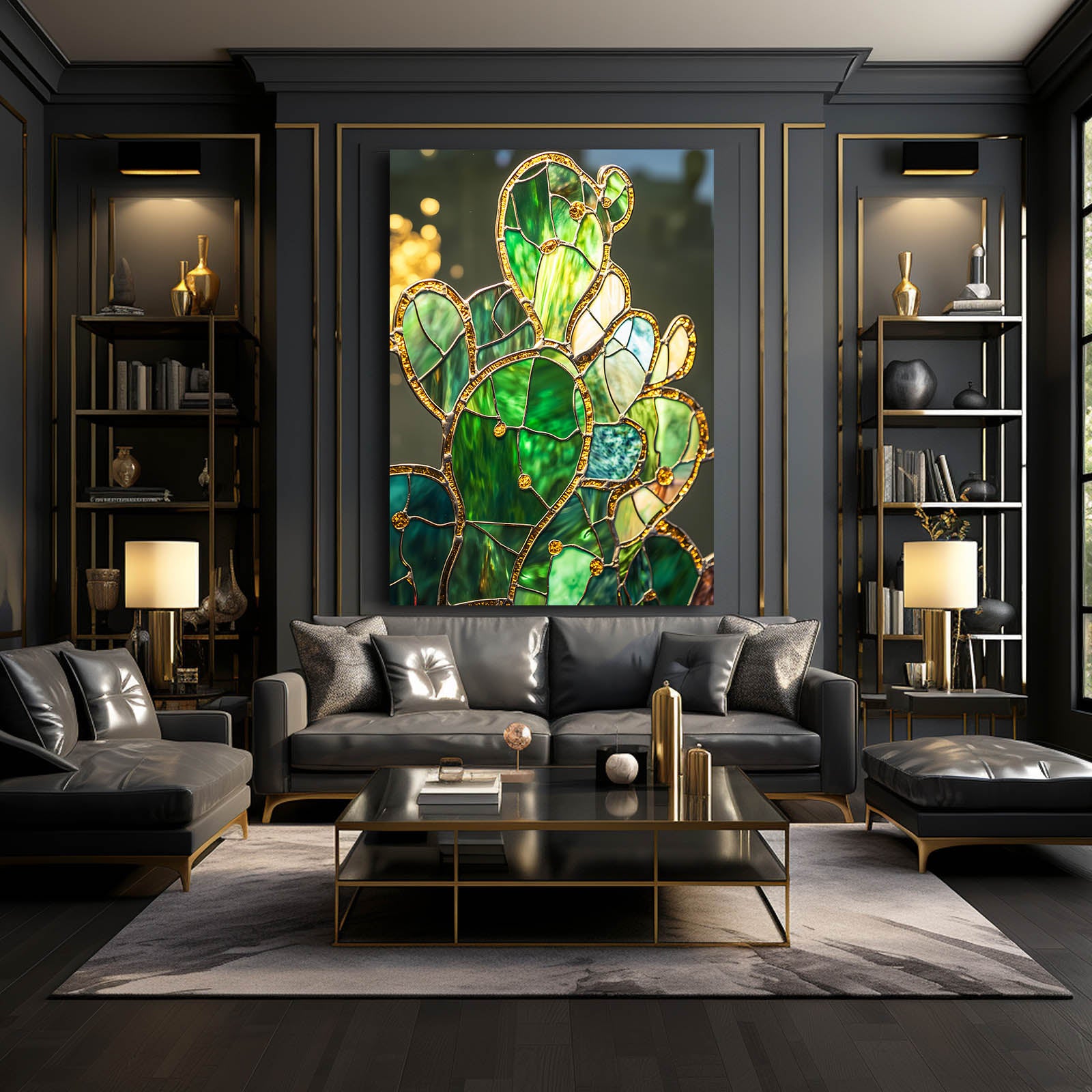 Emerald Glass Panel Cactus Canvas Art – styled in a furnished interior