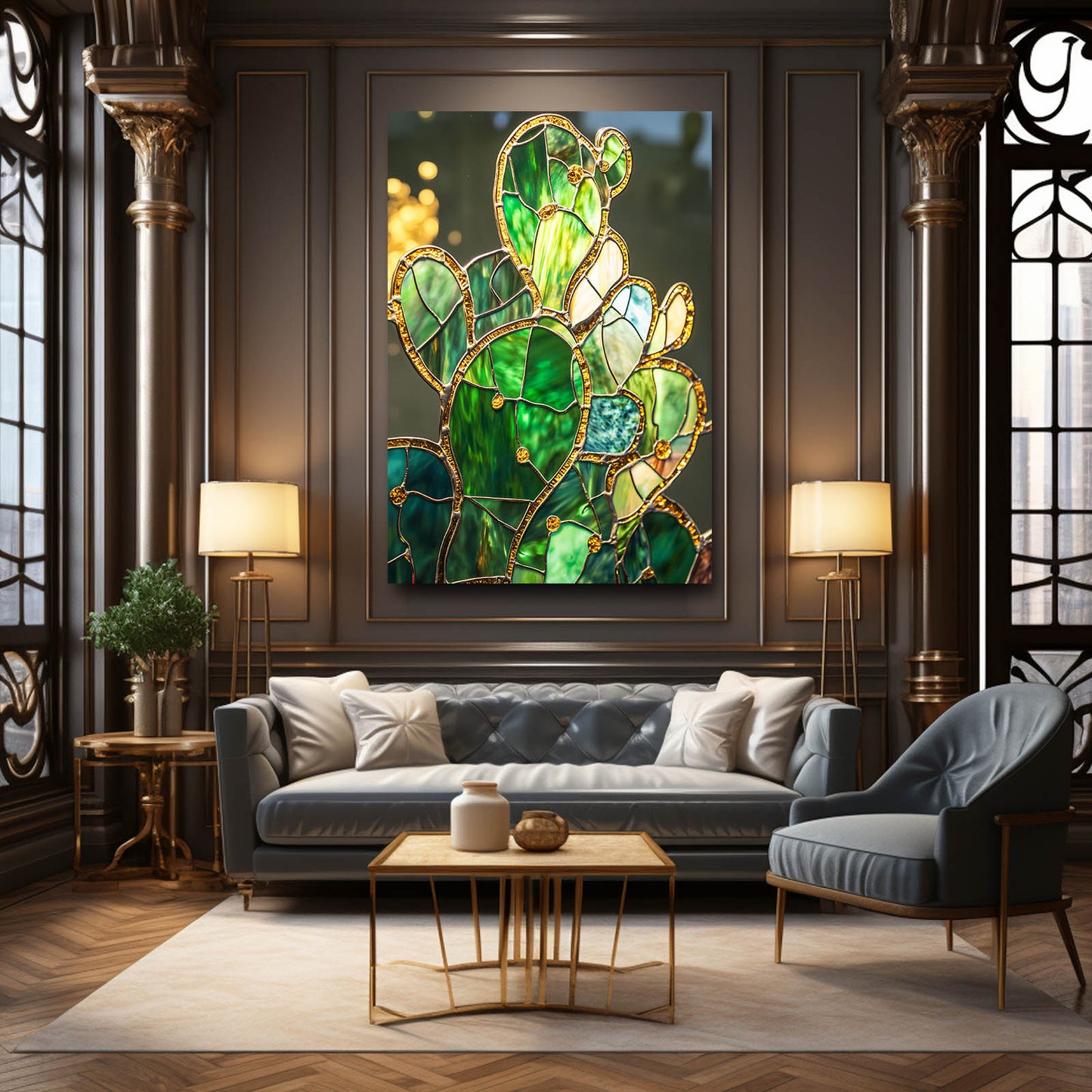 Emerald Glass Panel Cactus Canvas Art – styled in a furnished interior