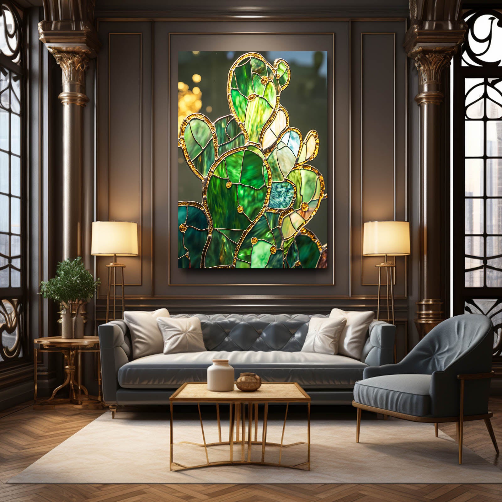 Emerald Glass Panel Cactus Canvas Art – styled in a furnished interior
