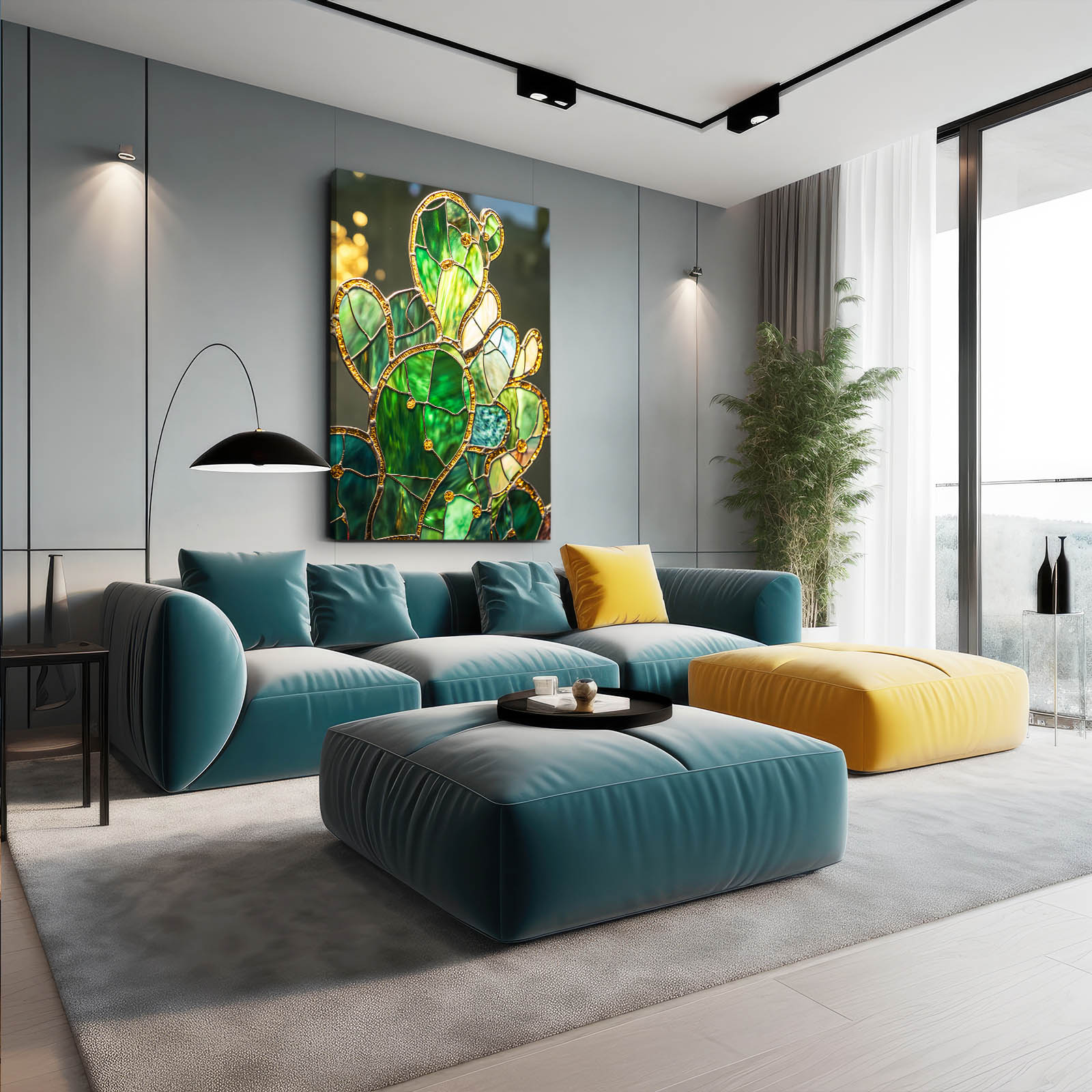 Emerald Glass Panel Cactus Canvas Art – styled in a furnished interior