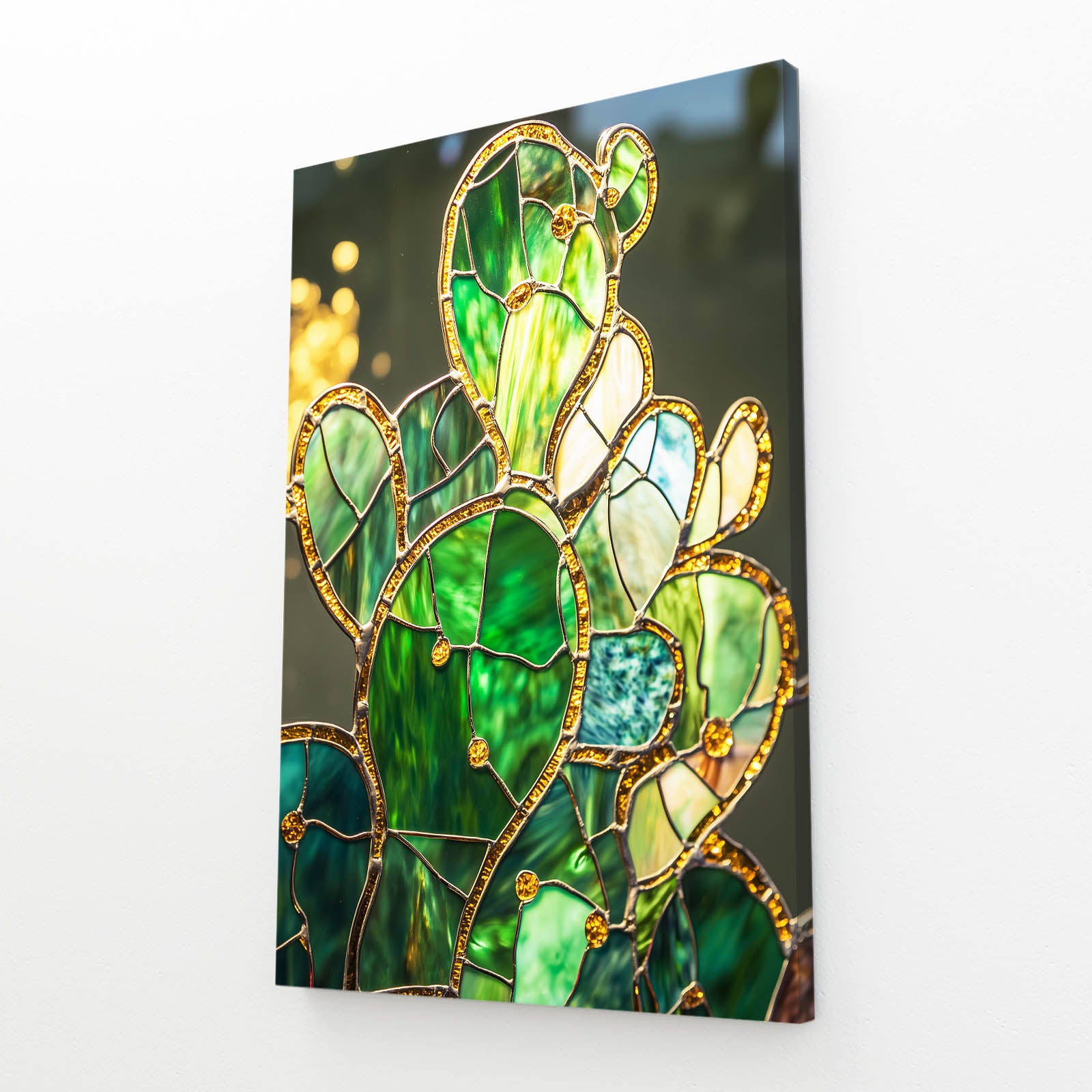 Emerald Glass Panel Cactus Canvas Art – angled canvas view on white background