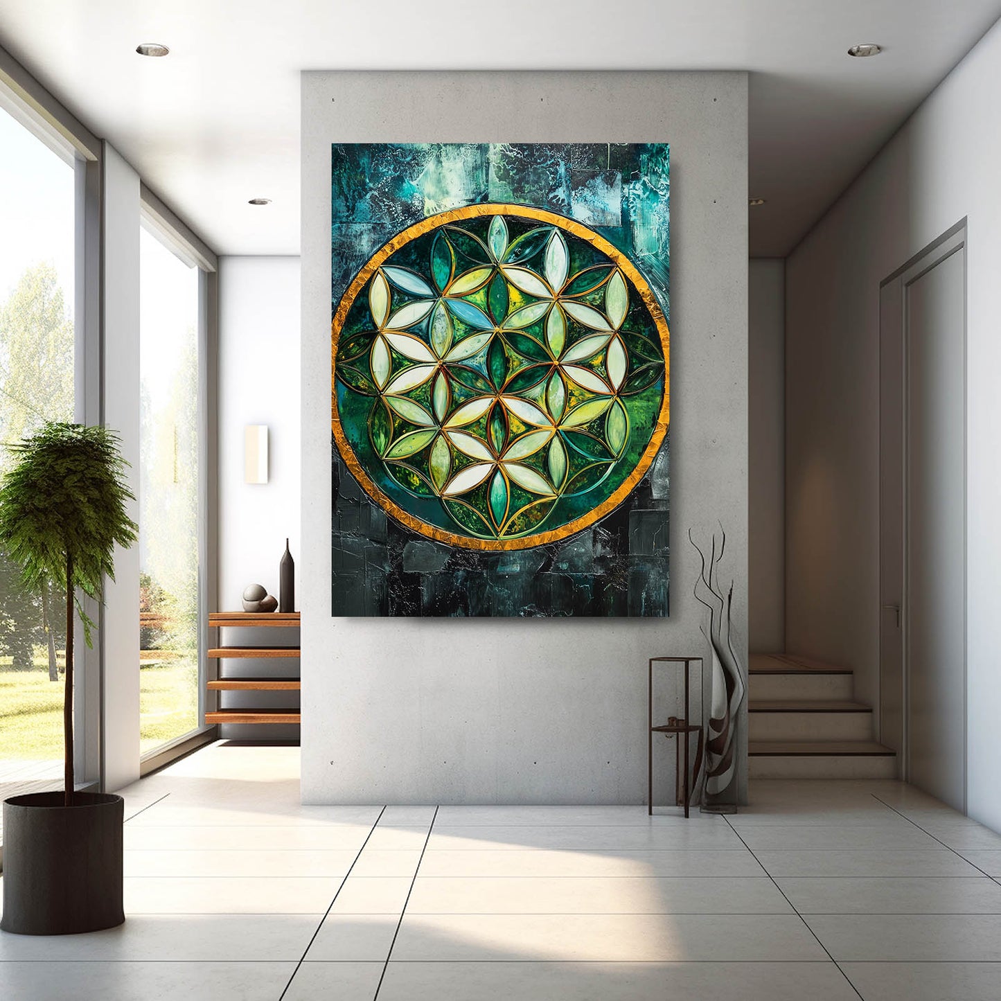 Emerald Glass Wheel Flower Of Life Wall Art – styled in a furnished interior