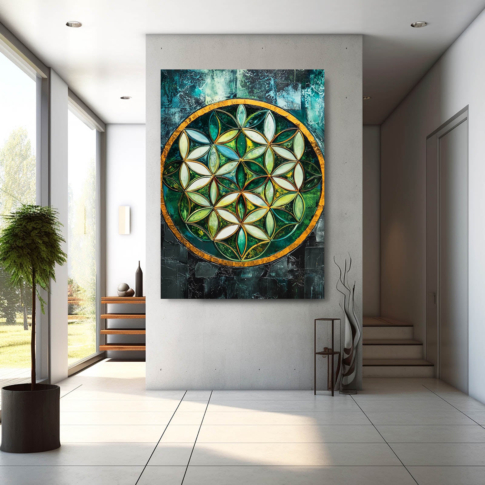 Emerald Glass Wheel Flower Of Life Wall Art – styled in a furnished interior