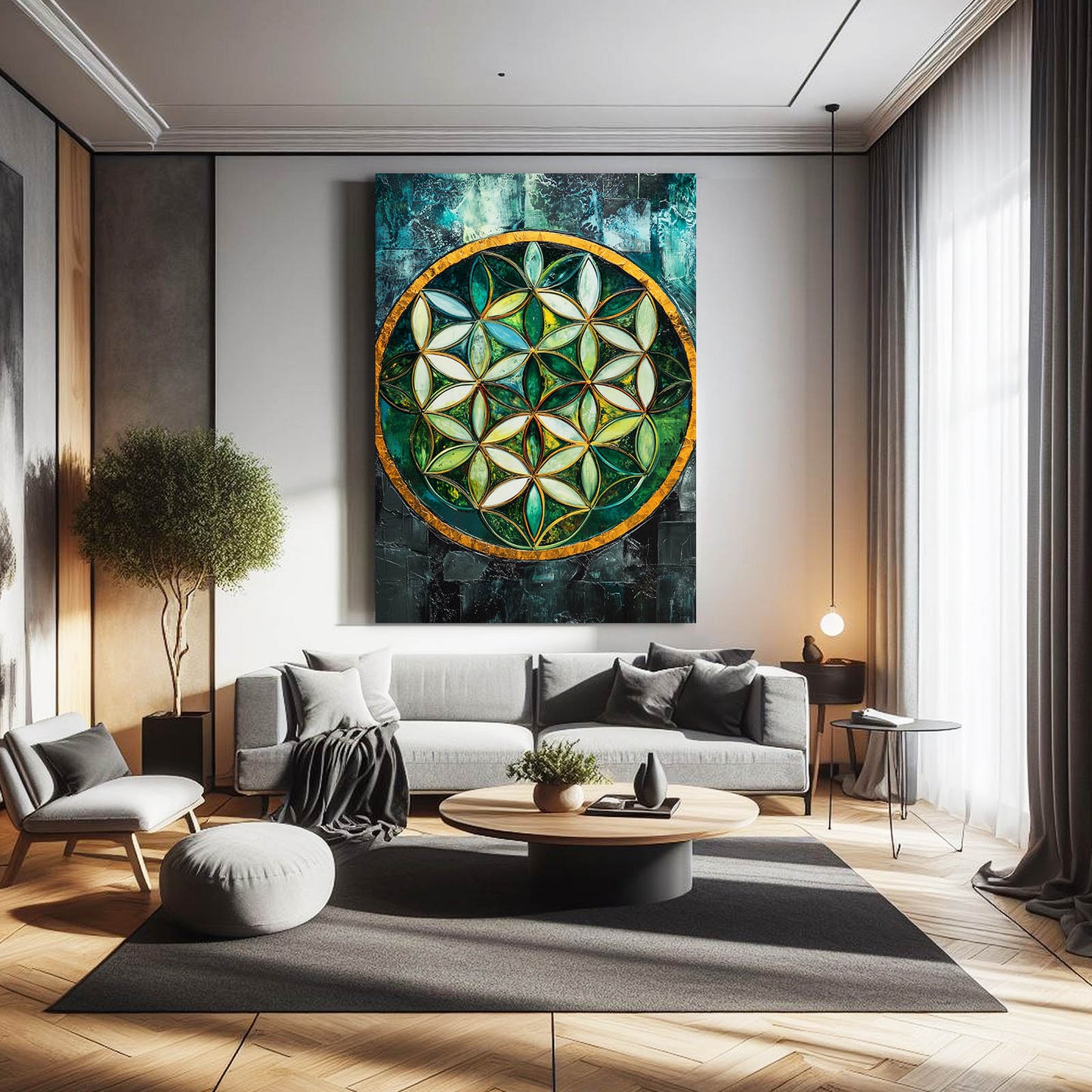 Emerald Glass Wheel Flower Of Life Wall Art – styled in a furnished interior