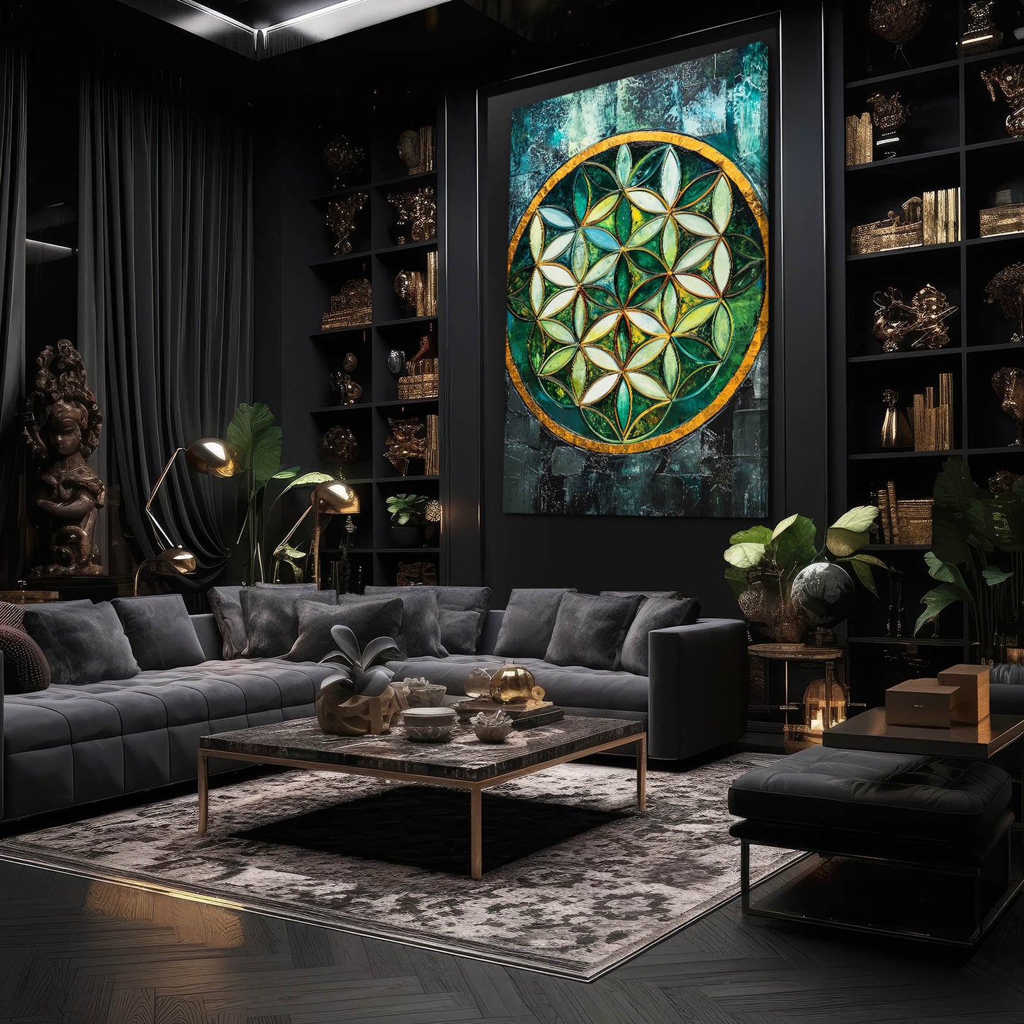 Emerald Glass Wheel Flower Of Life Wall Art – styled in a furnished interior