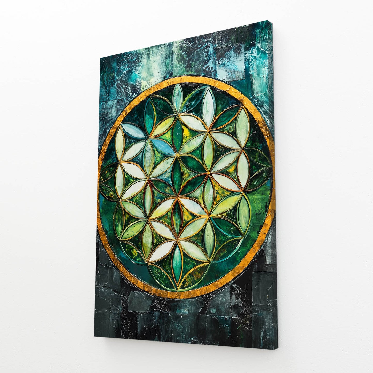 Emerald Glass Wheel Flower Of Life Wall Art – angled canvas view on white background