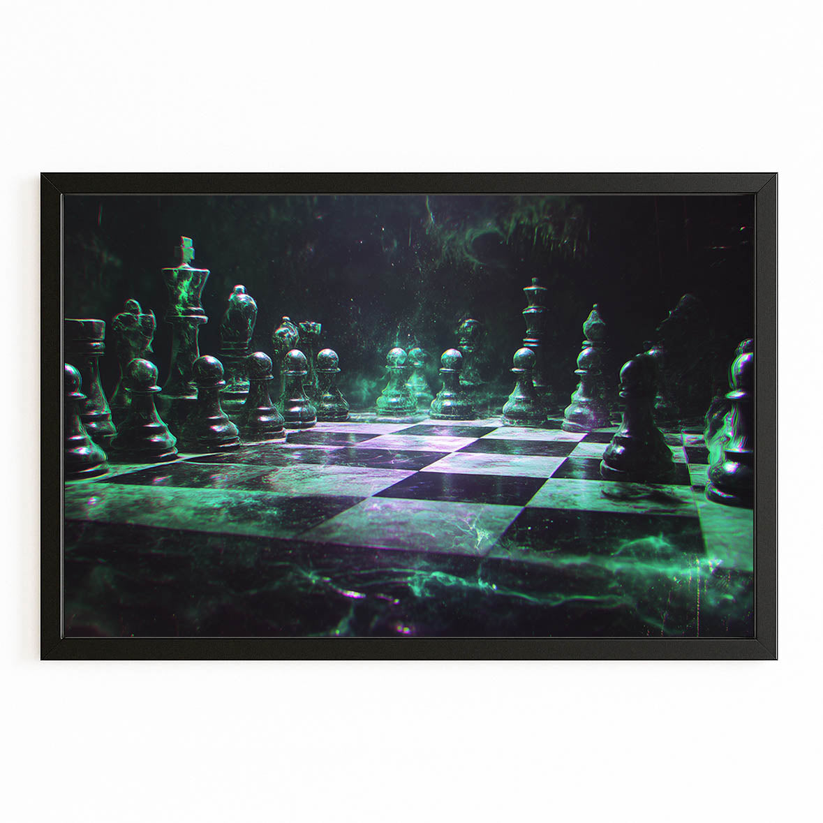 Emerald Glow Board Chess Art – with Premium Black frame on white background