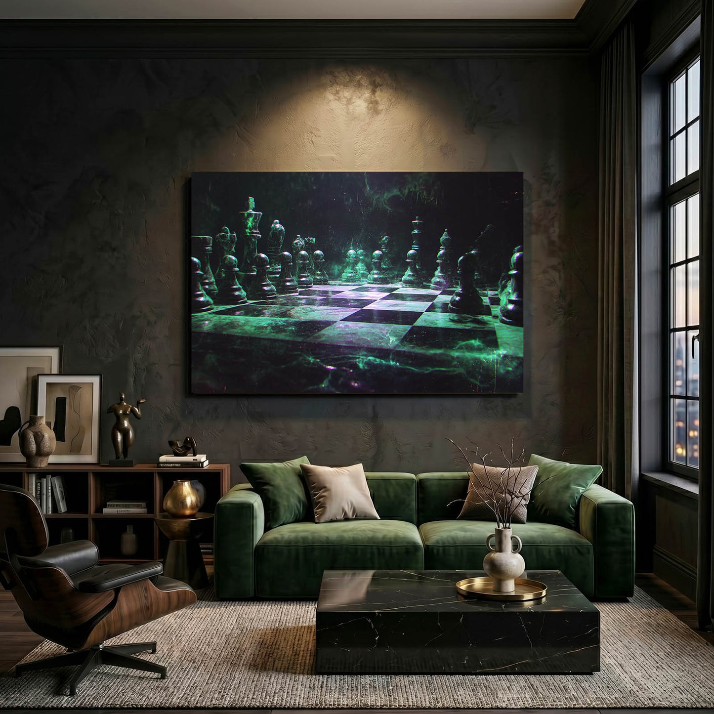 Emerald Glow Board Chess Art – styled in a furnished interior