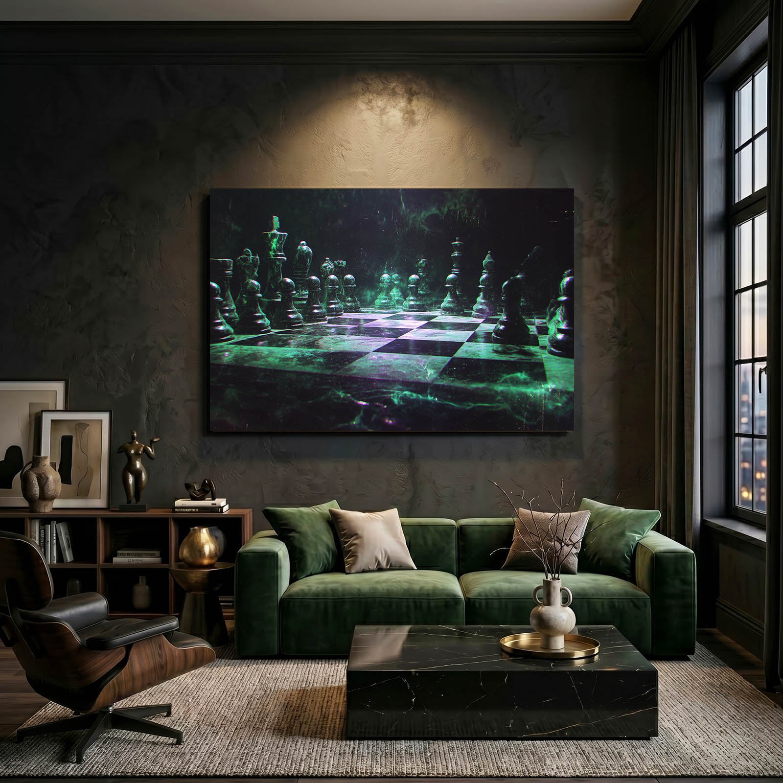 Emerald Glow Board Chess Art – styled in a furnished interior