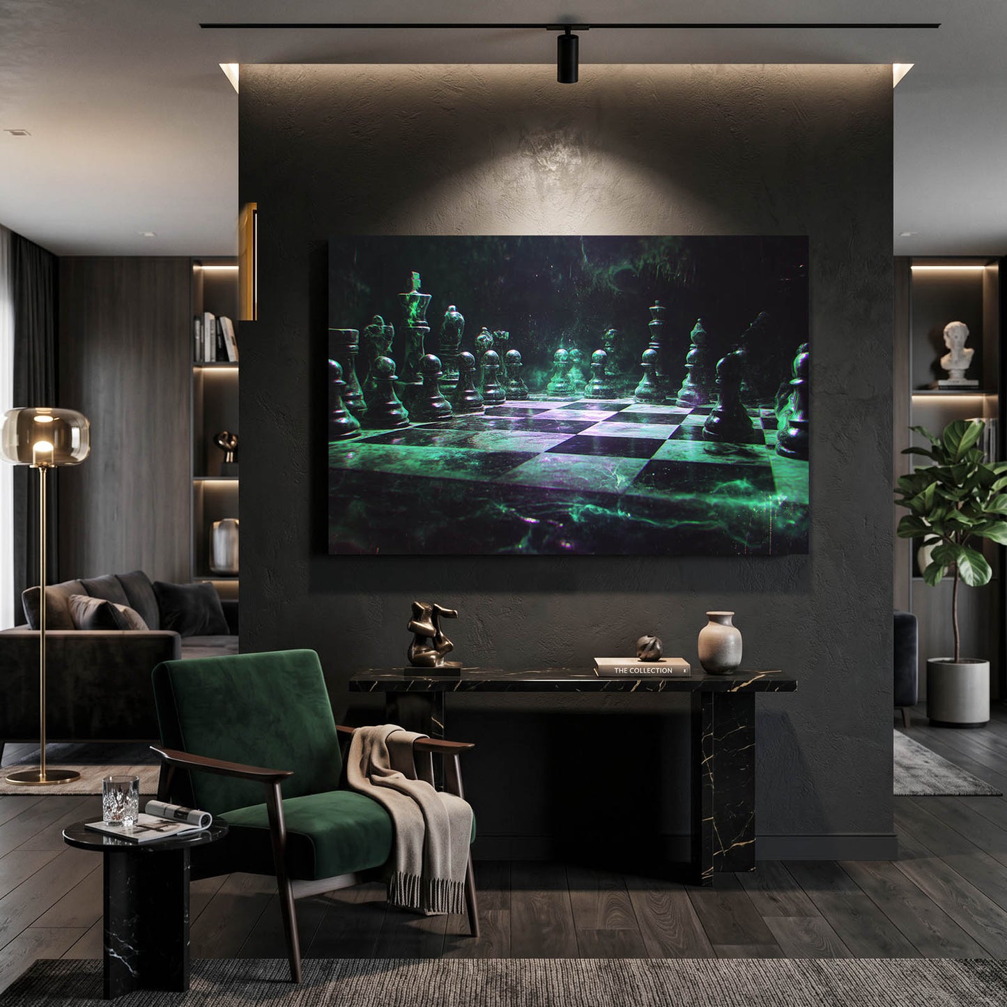 Emerald Glow Board Chess Art – styled in a furnished interior