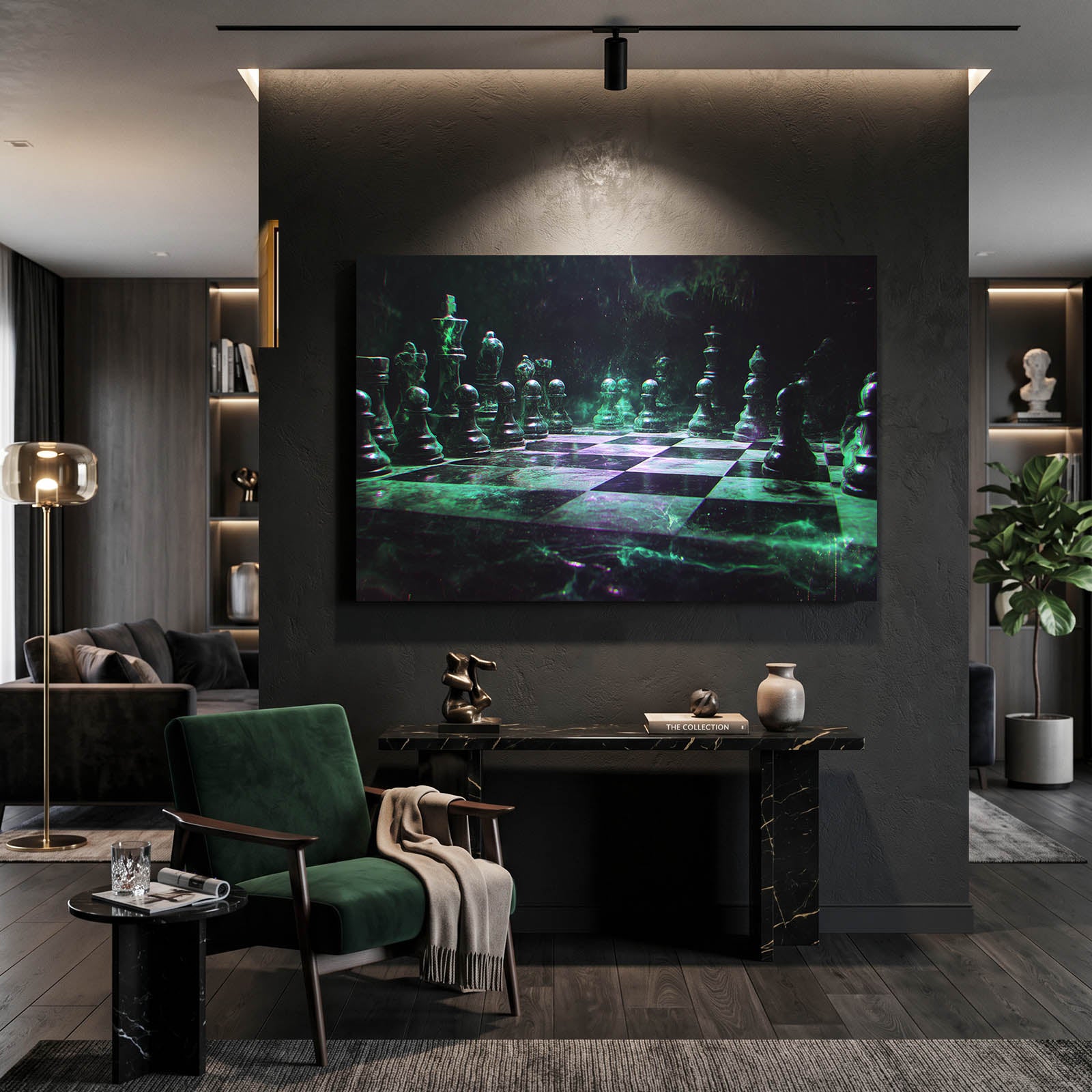 Emerald Glow Board Chess Art – styled in a furnished interior