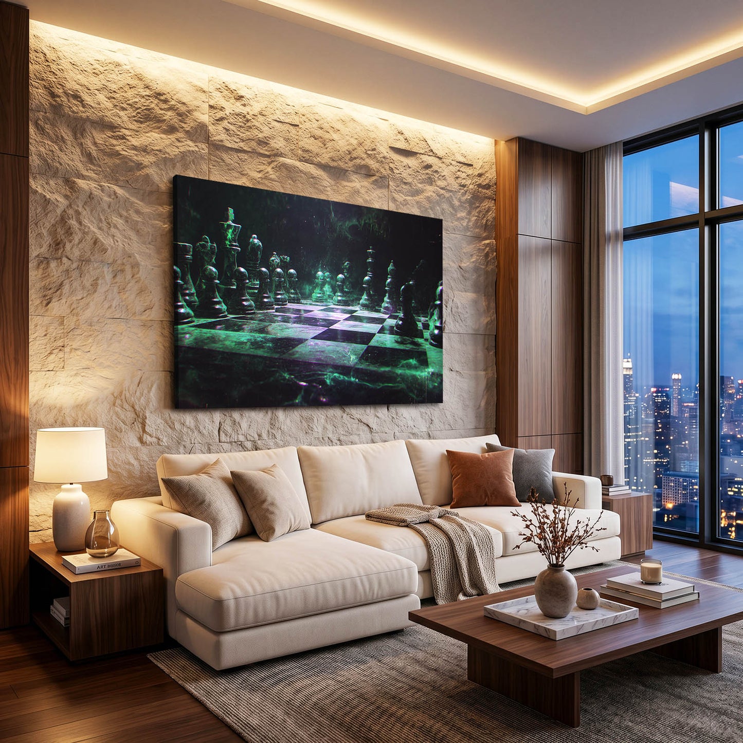 Emerald Glow Board Chess Art – styled in a furnished interior