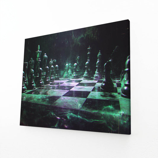 Emerald Glow Board Chess Art – angled canvas view on white background