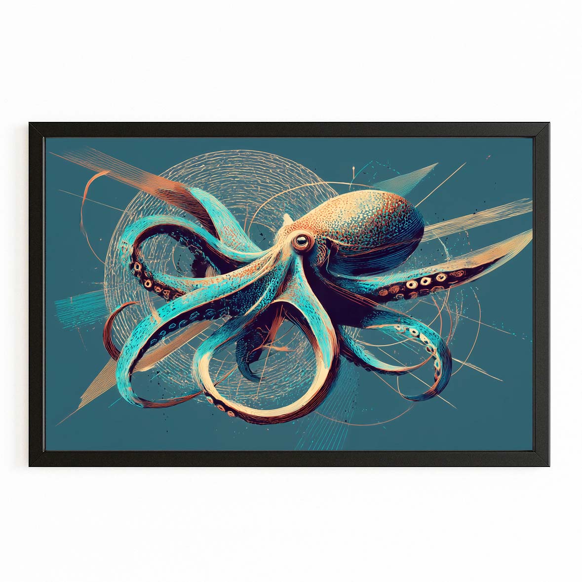 Emerald Gold Swirl Octopus Canvas Art – with Premium Black frame on white background