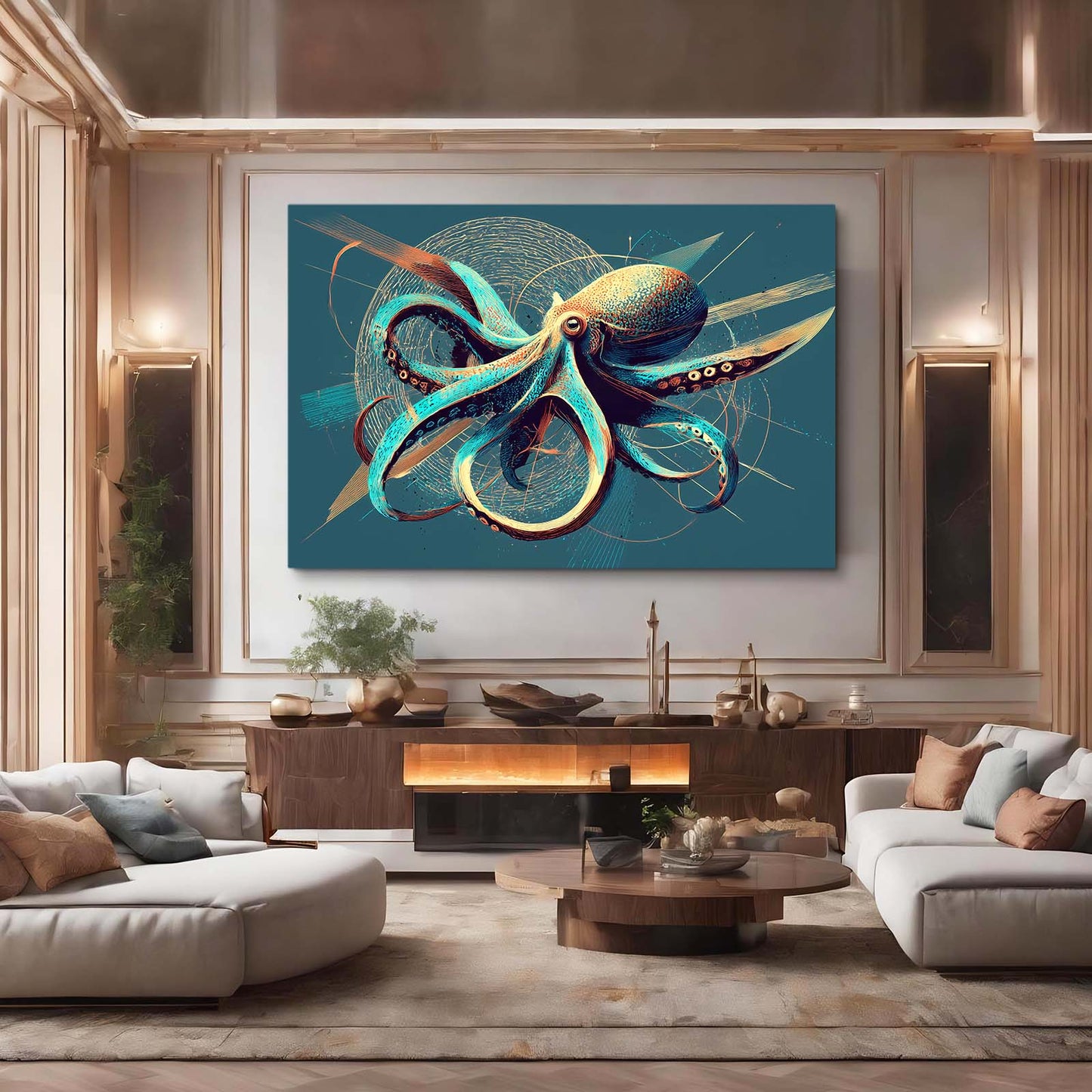 Emerald Gold Swirl Octopus Canvas Art – styled in a furnished interior