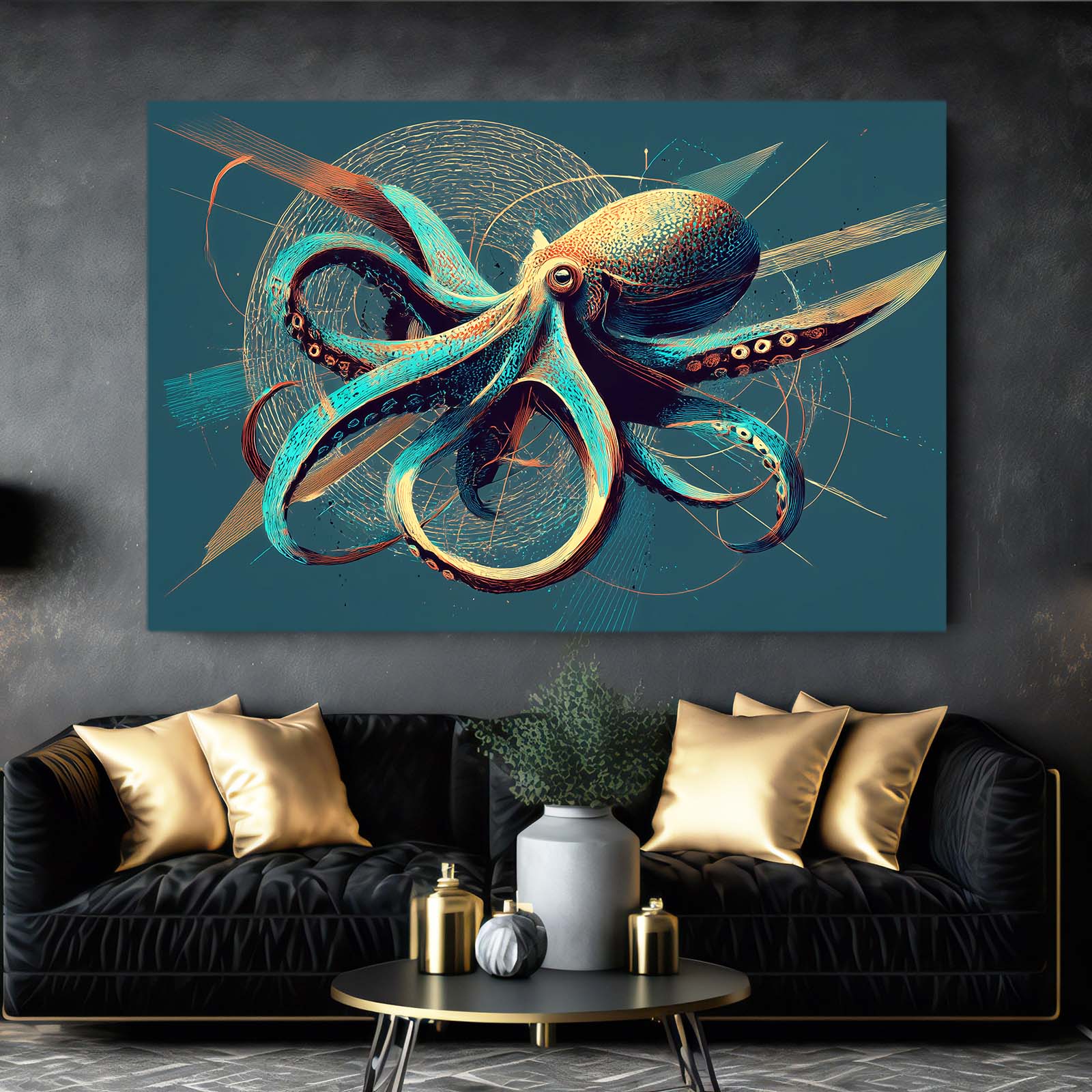 Emerald Gold Swirl Octopus Canvas Art – styled in a furnished interior