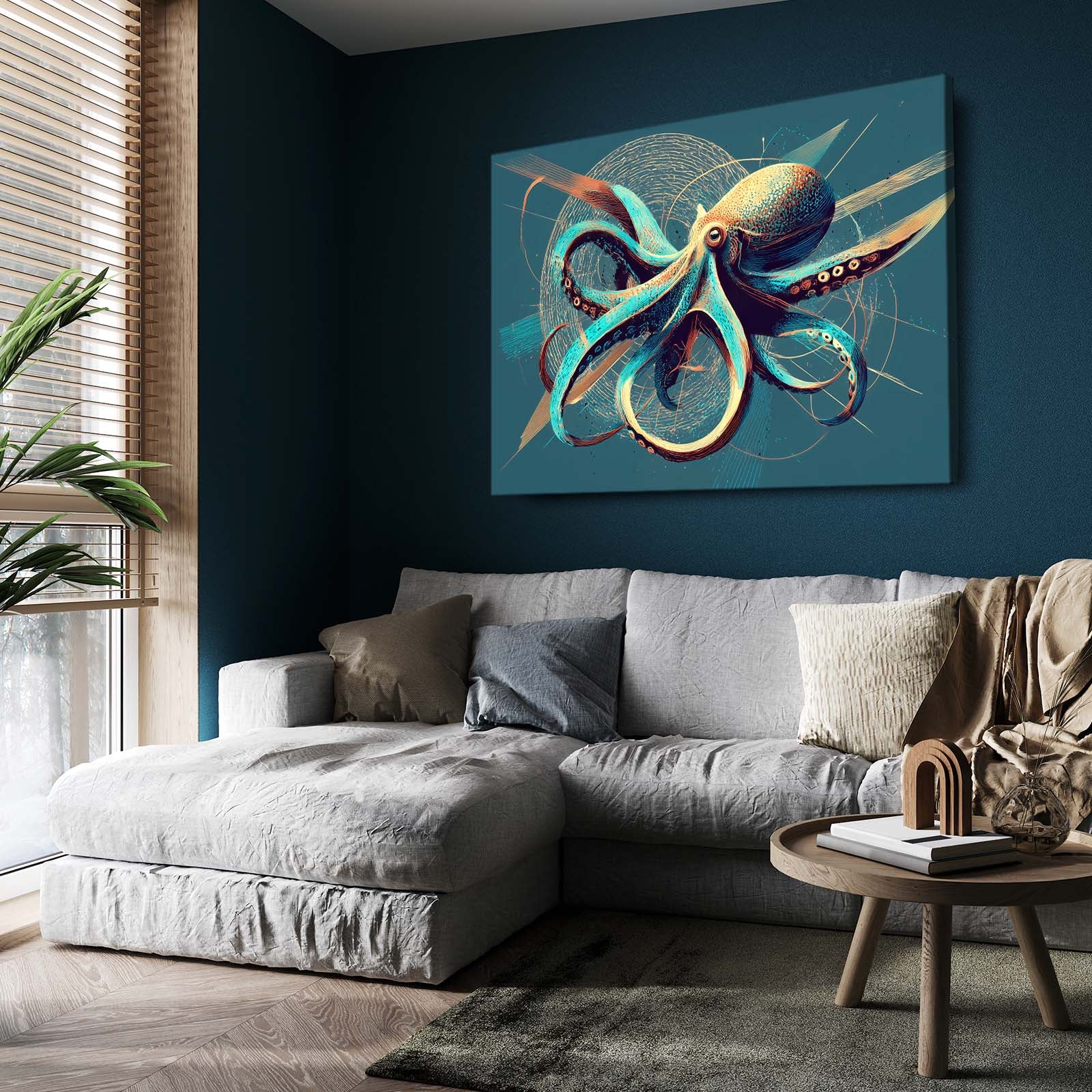 Emerald Gold Swirl Octopus Canvas Art – styled in a furnished interior