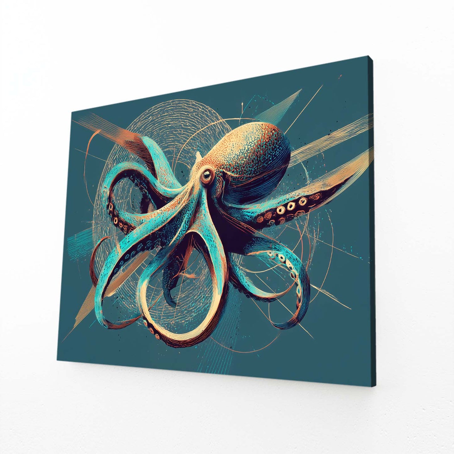 Emerald Gold Swirl Octopus Canvas Art – angled canvas view on white background